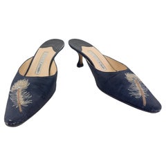 1990s Manolo Blahnik Feather Embroidered Kitten Heel Mules