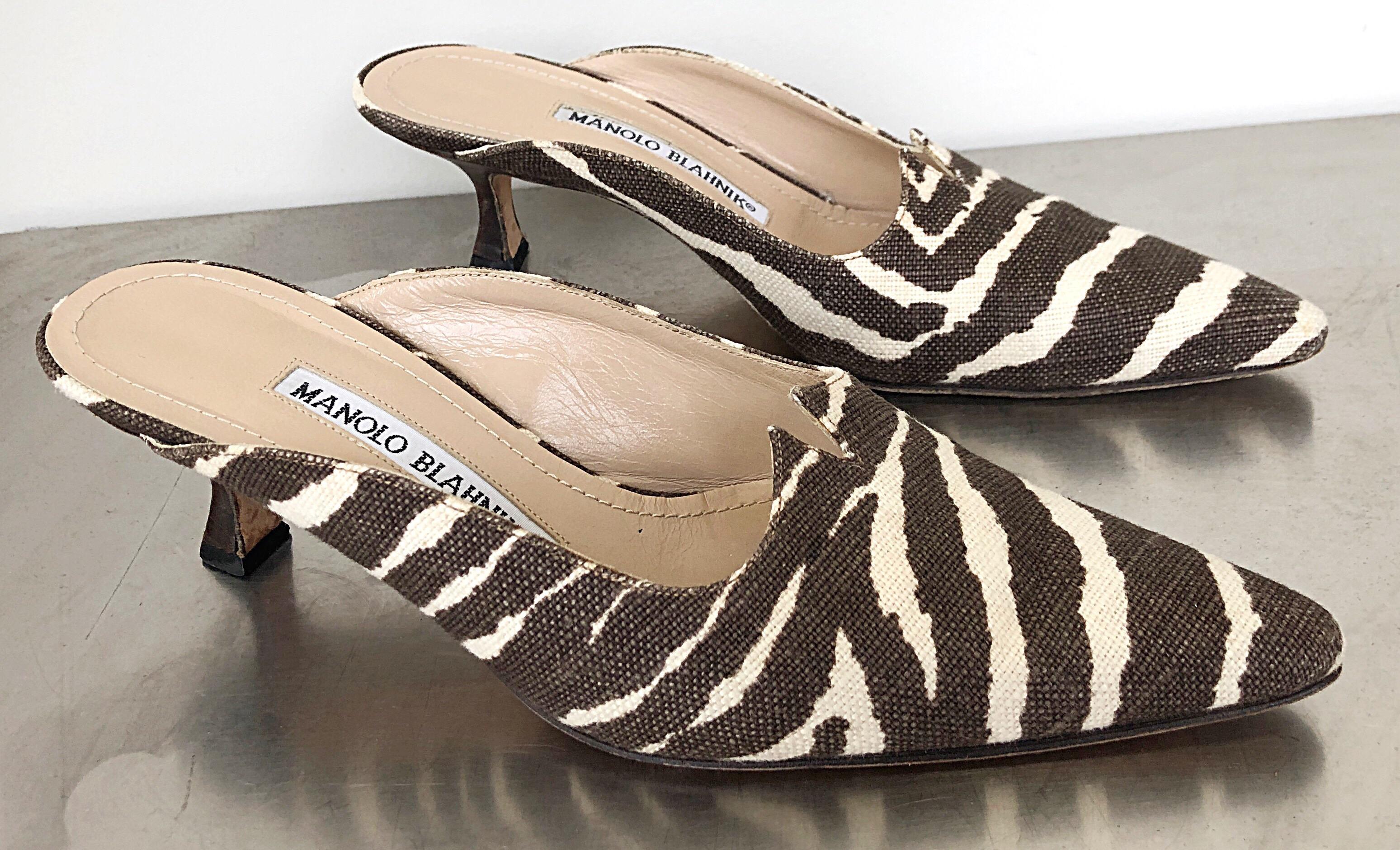 1990s Manolo Blahnik Rare Size 35.5 / 5.5 Brown + Ivory Zebra Kitten Heel Mules For Sale 2