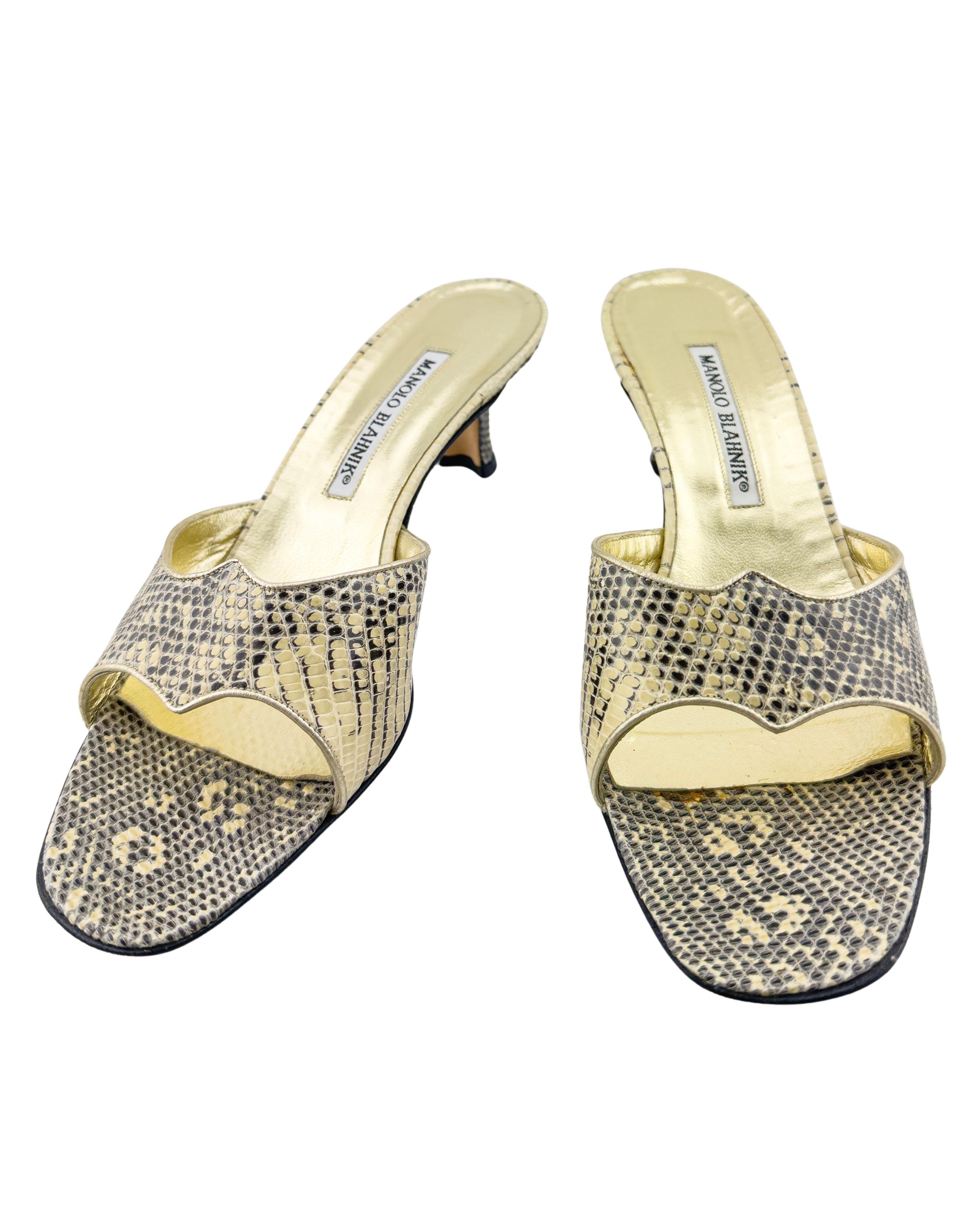 Brown 1990s Manolo Blahnik Skin Gold Open Toe Heeled Mules For Sale