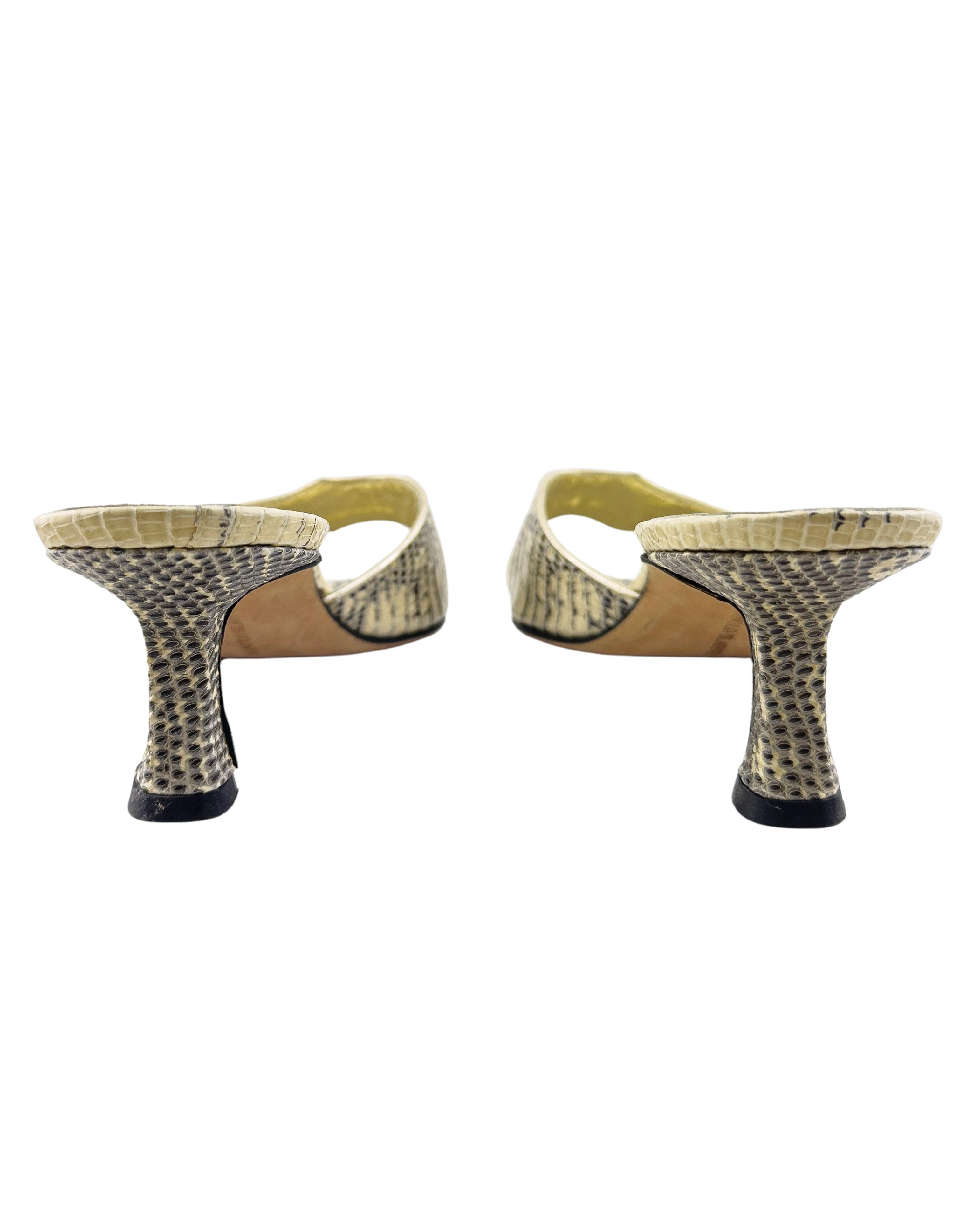 Women's 1990s Manolo Blahnik Skin Gold Open Toe Heeled Mules For Sale