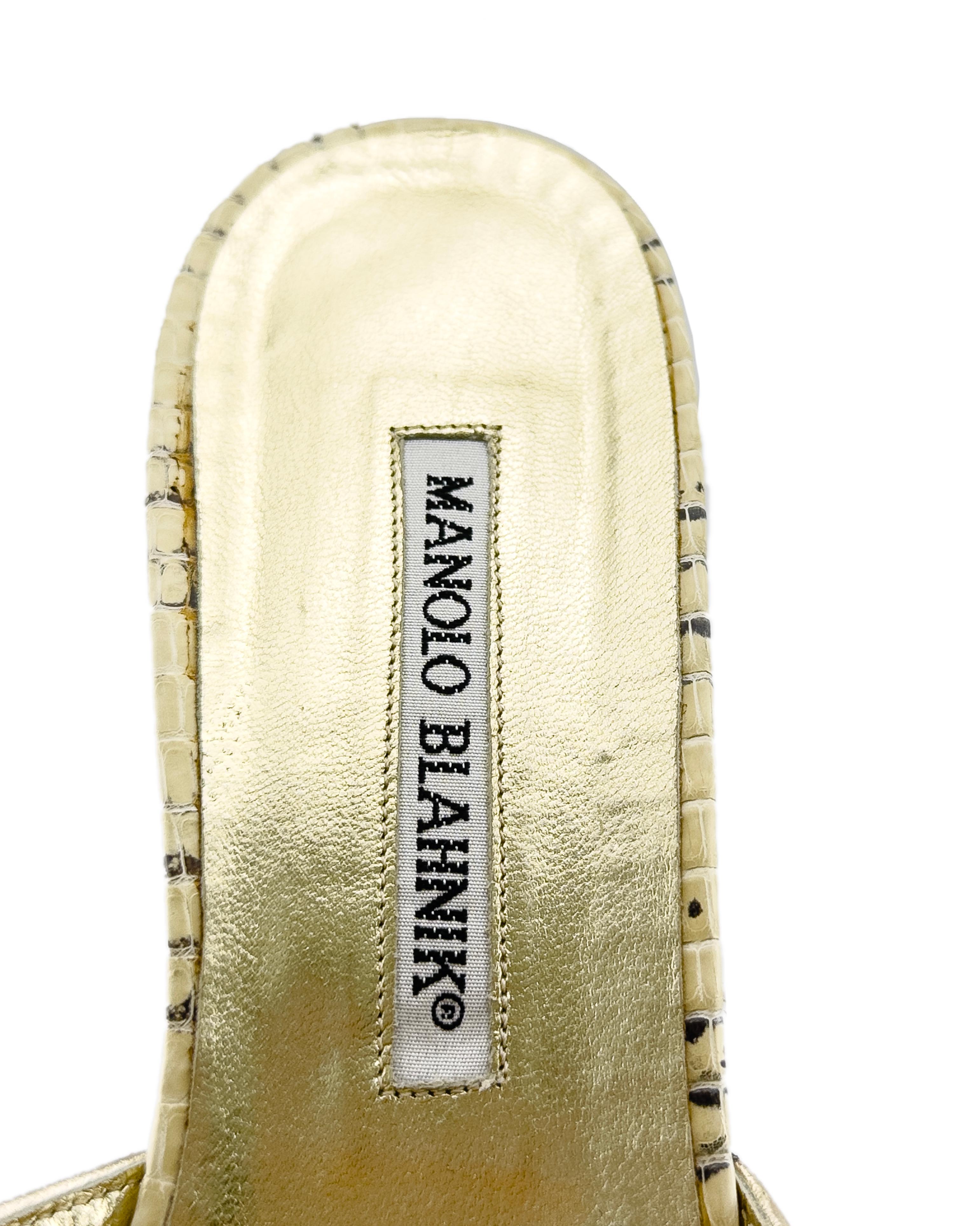 1990s Manolo Blahnik Skin Gold Open Toe Heeled Mules For Sale 1