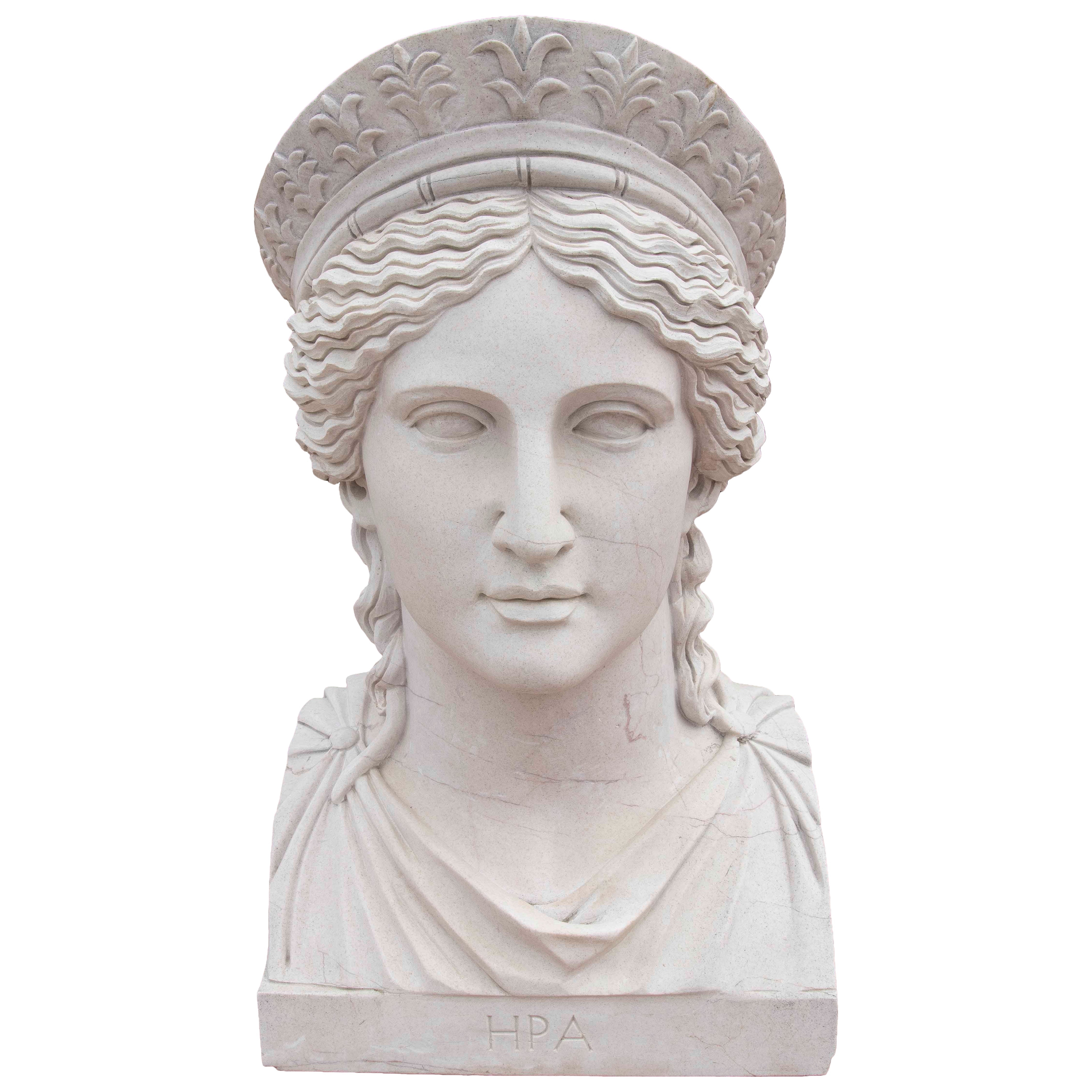 Busto de mármol de los años 90 de Hera, diosa griega con tocado clásico en venta