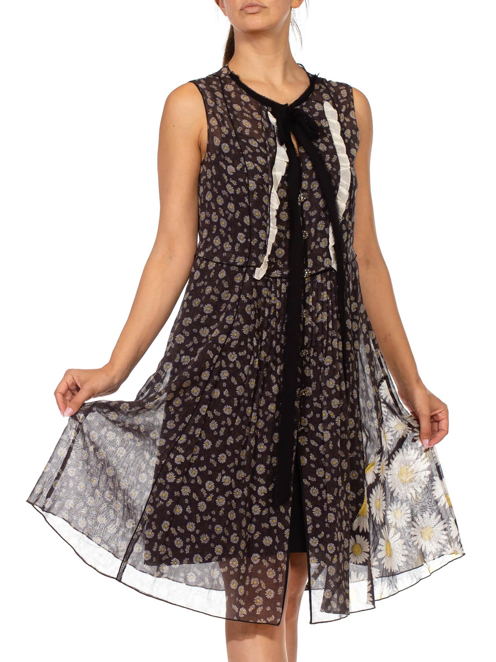 1990S MARC JACOBS Black Daisy Print Cotton Dress With Patchwork And Ruffle Deta For Sale 1