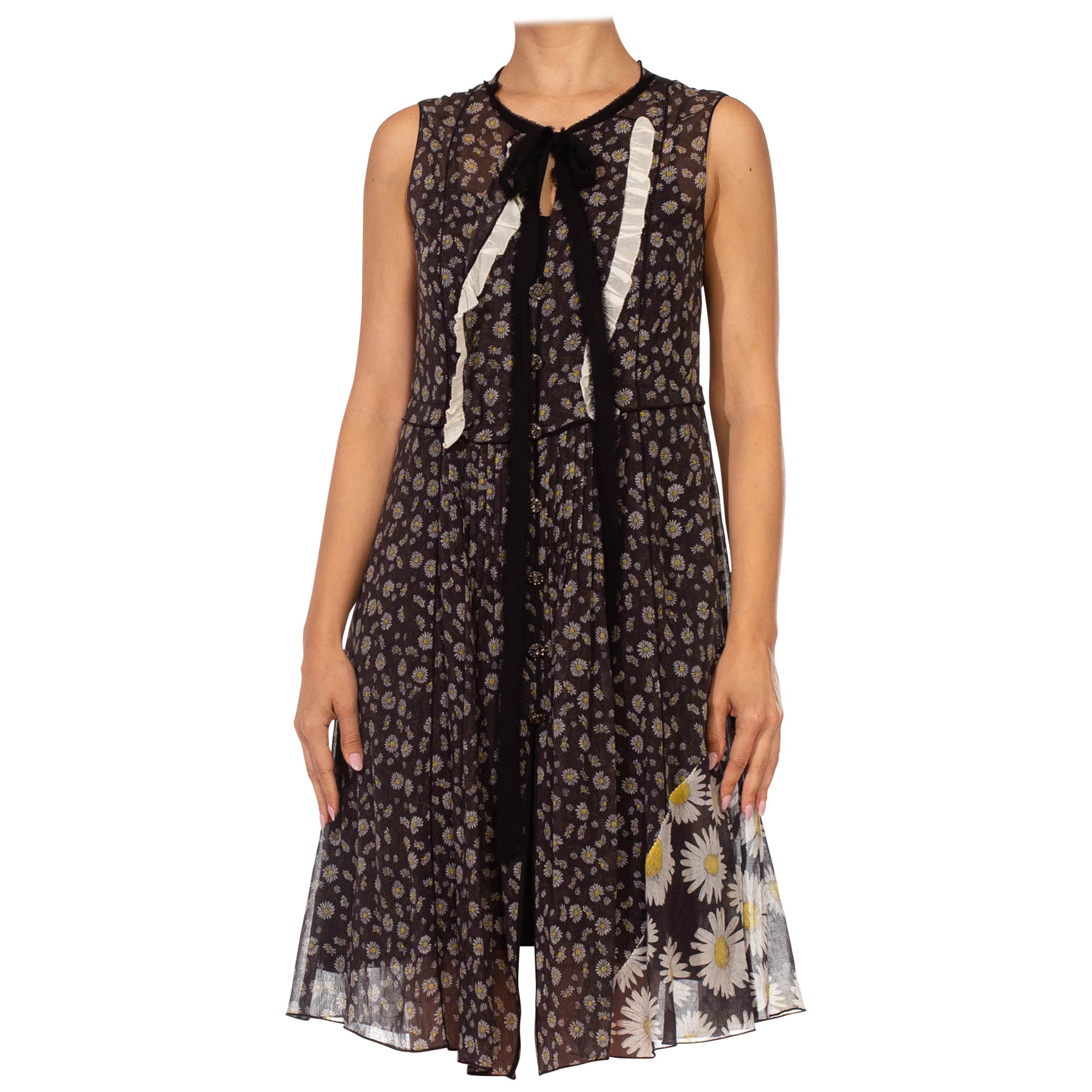 1990S MARC JACOBS Black Daisy Print Cotton Dress With Patchwork And Ruffle Deta For Sale