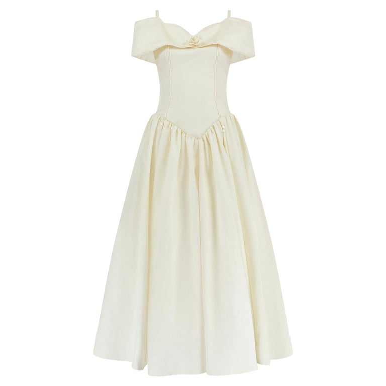 1990s Margaret Lee Cream Silk Off-shoulder Wedding Dress With Bow