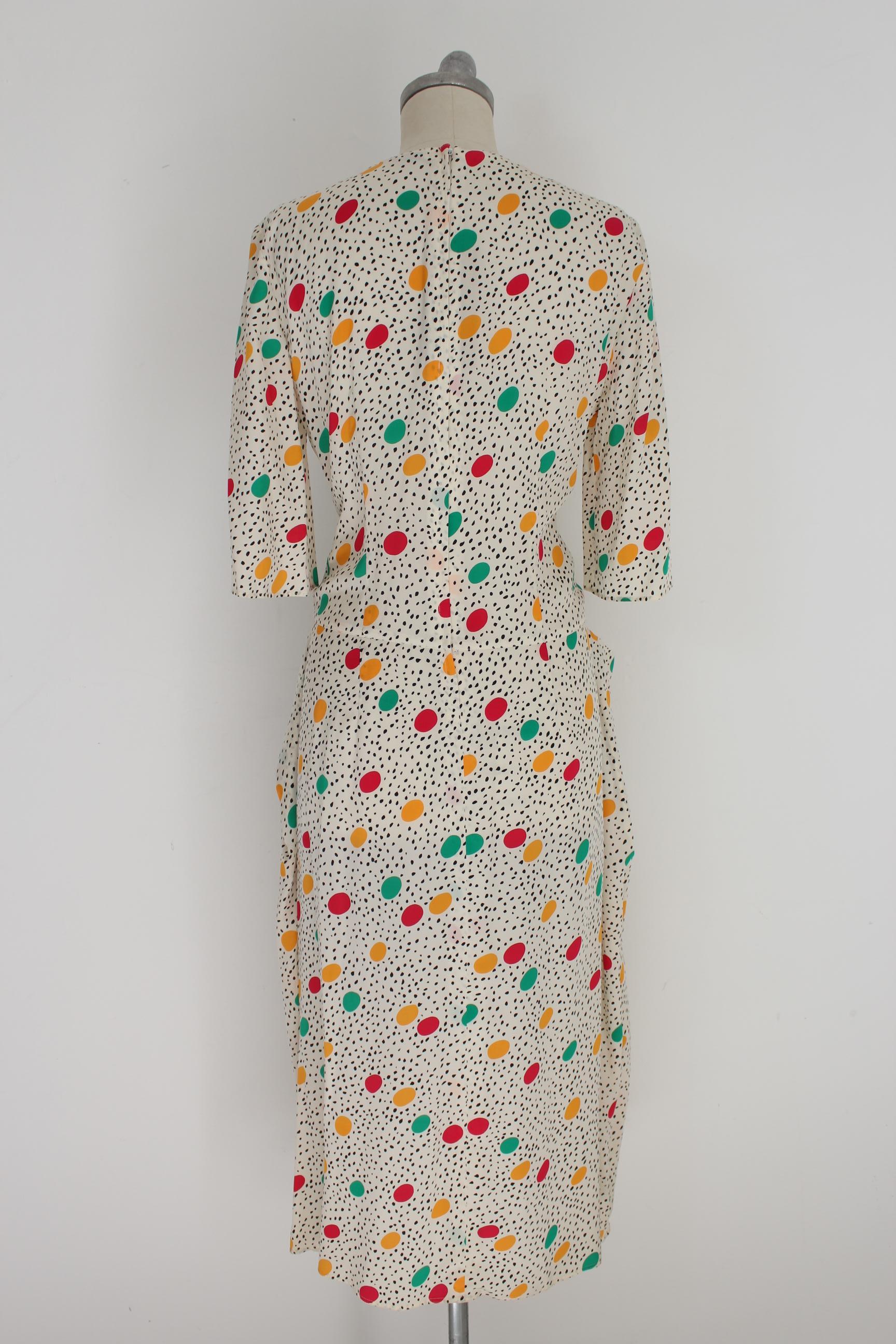 Mariella Burani long vintage dress 90s. In silk, white with red, green and black yellow polka dots. Model 