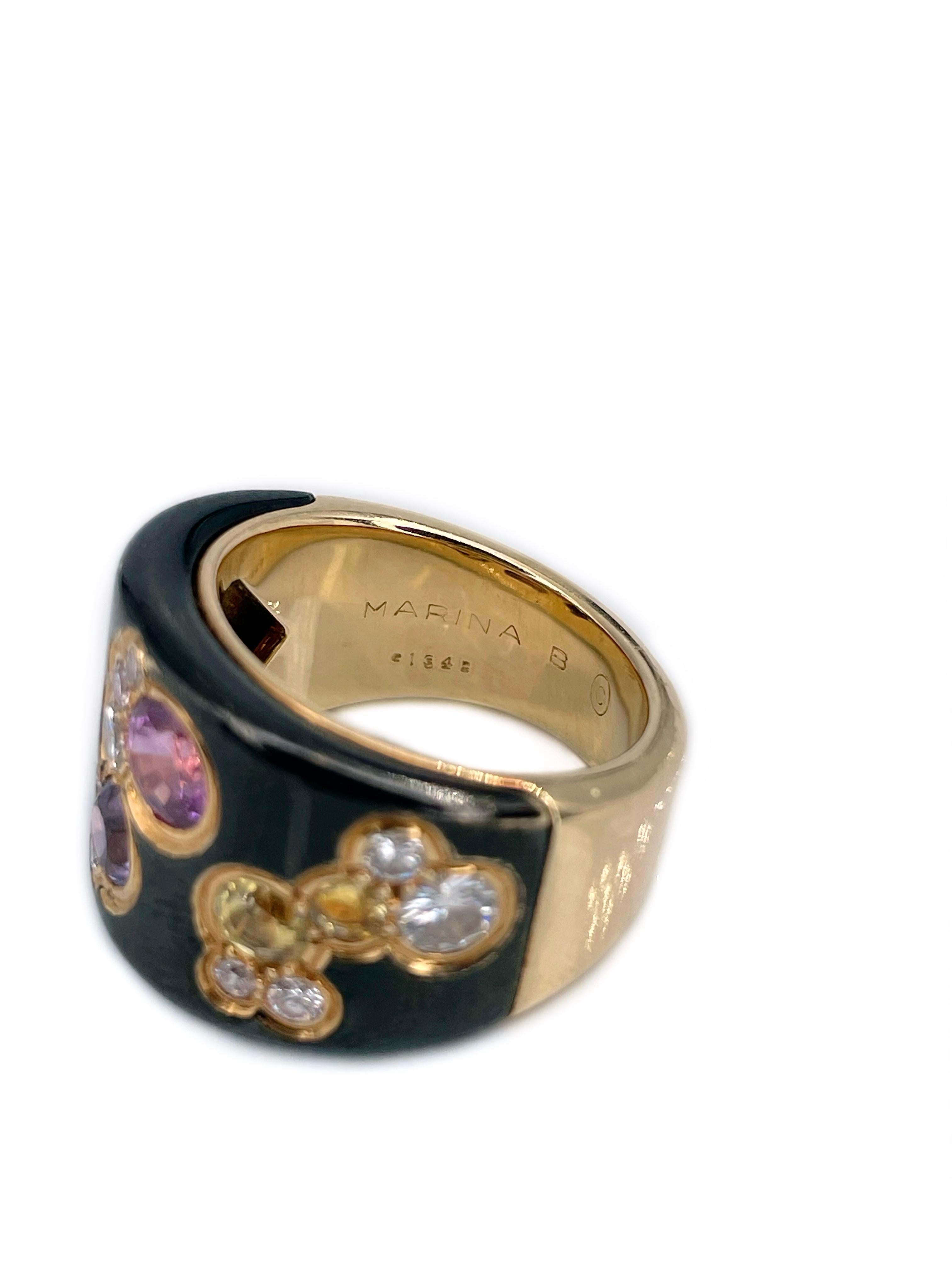 Round Cut 1990s Marina B “Fujiyama“ 18 Karat Gold Sapphire Diamond Enamel Cocktail Ring For Sale