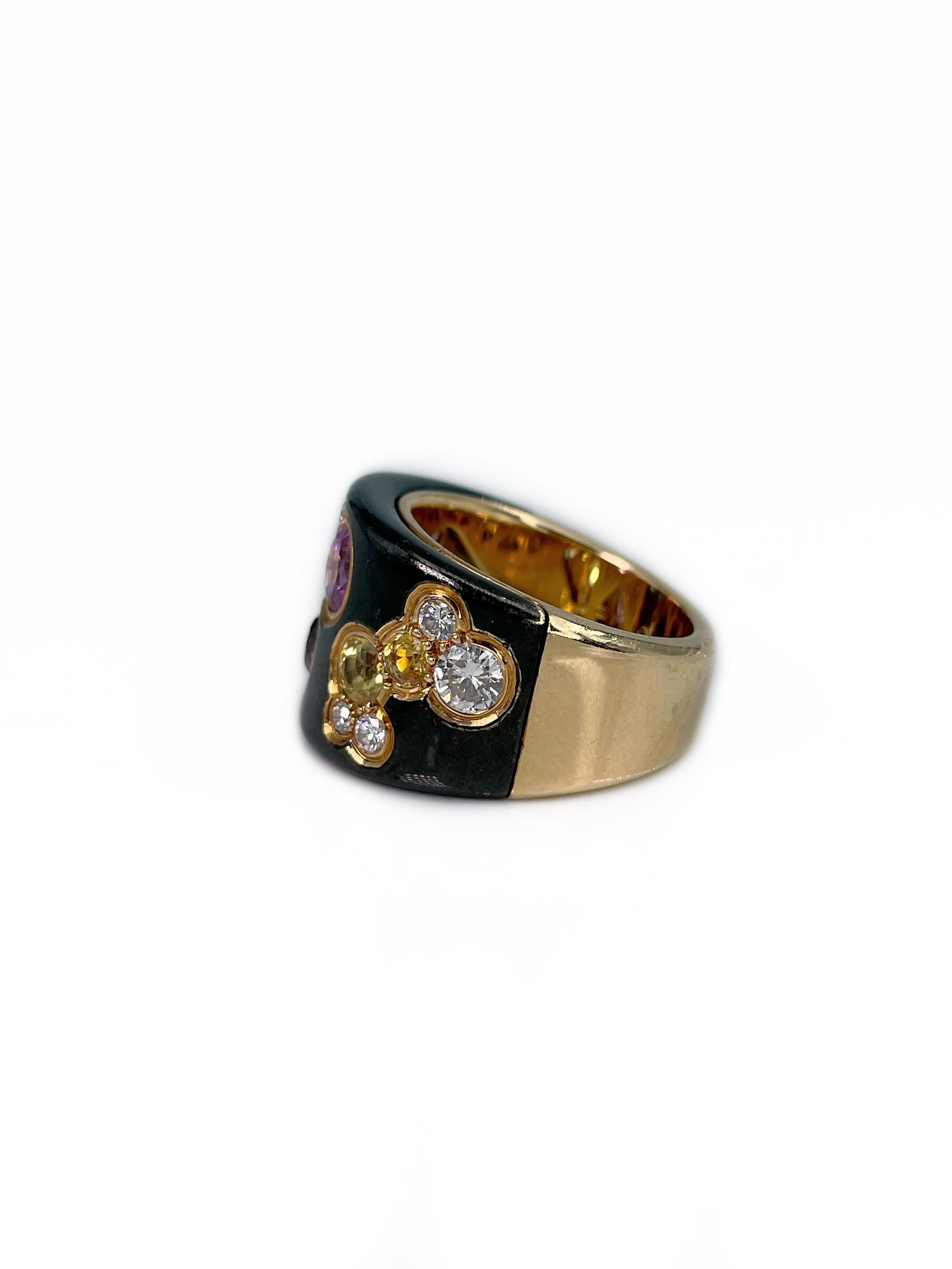 1990s Marina B “Fujiyama“ 18 Karat Gold Sapphire Diamond Enamel Cocktail Ring In Good Condition For Sale In Vilnius, LT