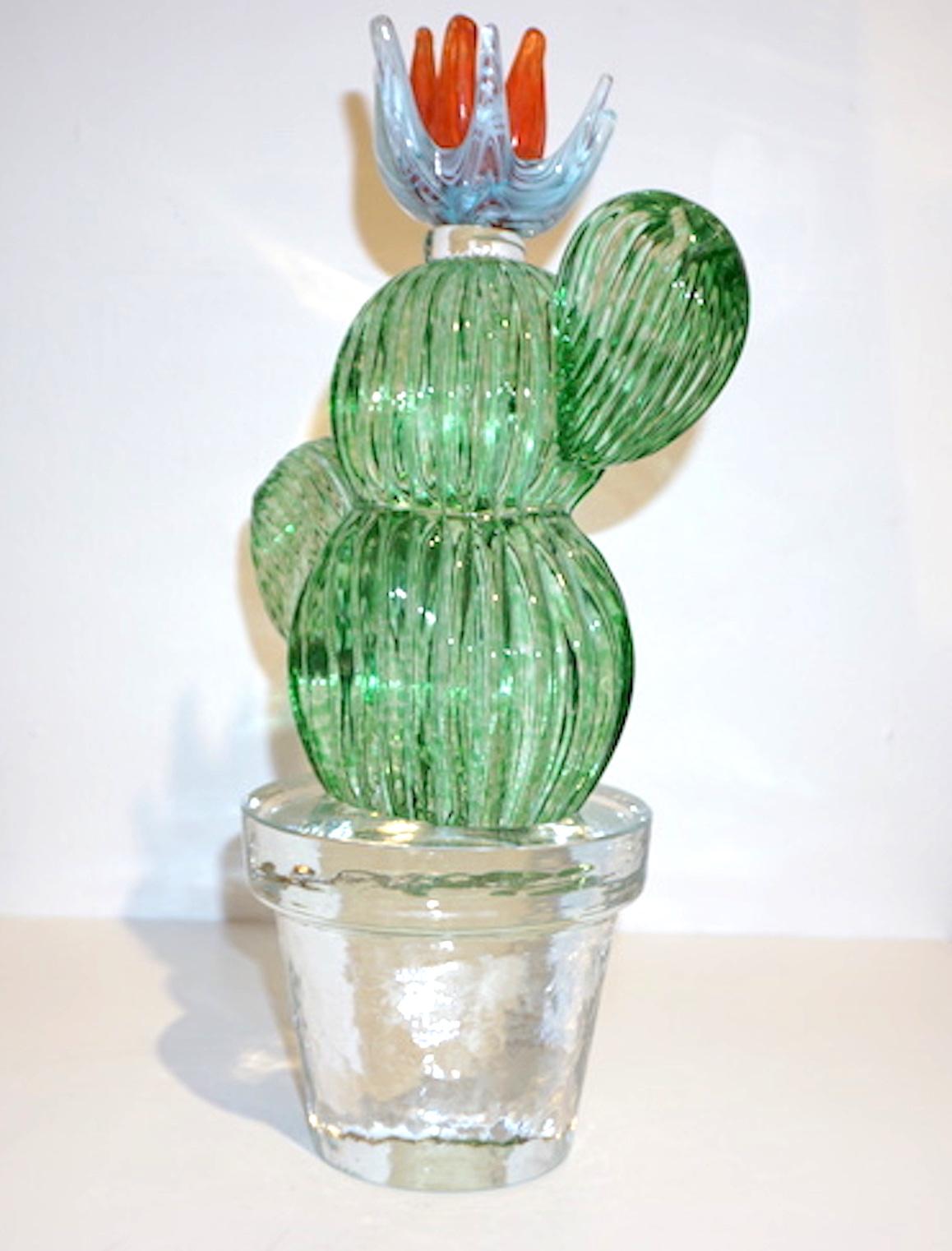Organic Modern 1990s Marta Marzotto Vintage Murano Glass Green Cactus Plant & Blue Coral Flower