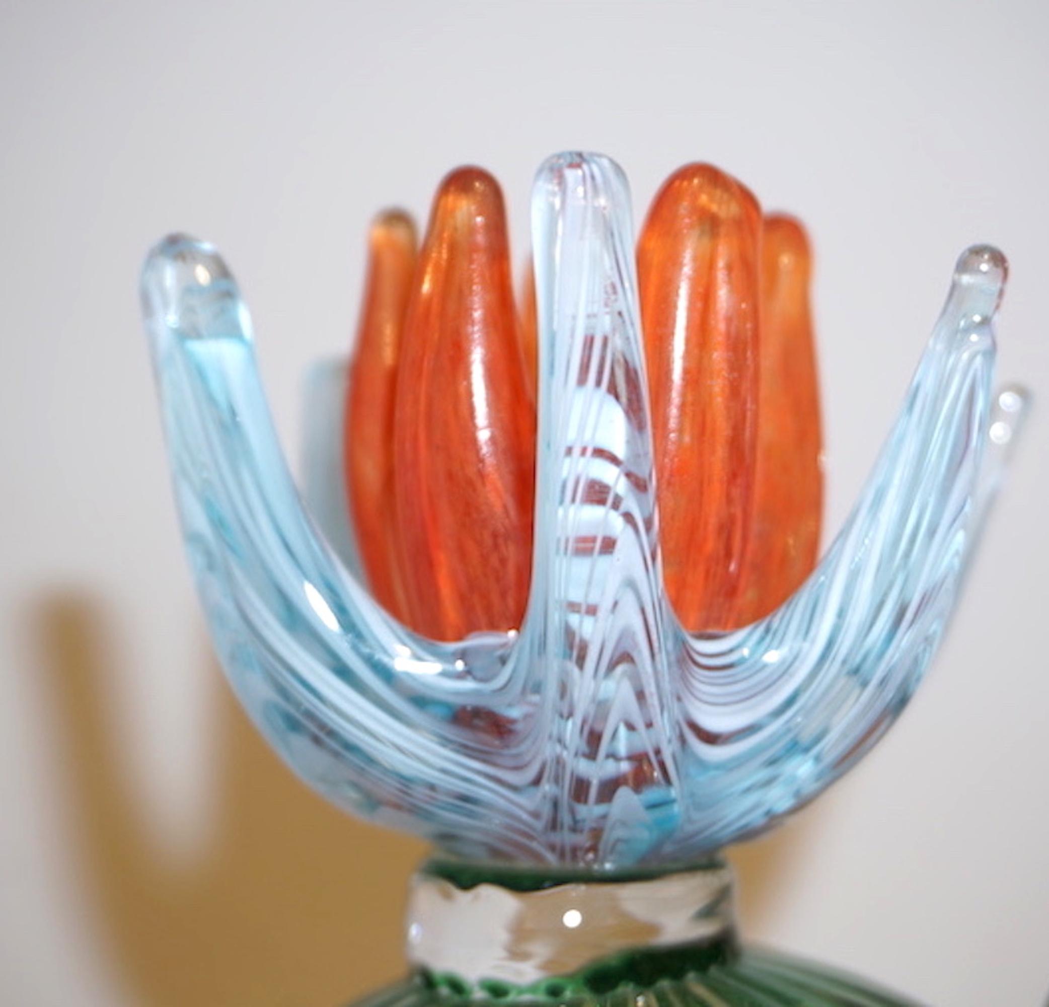 Hand-Crafted 1990s Marta Marzotto Vintage Murano Glass Green Cactus Plant & Blue Coral Flower