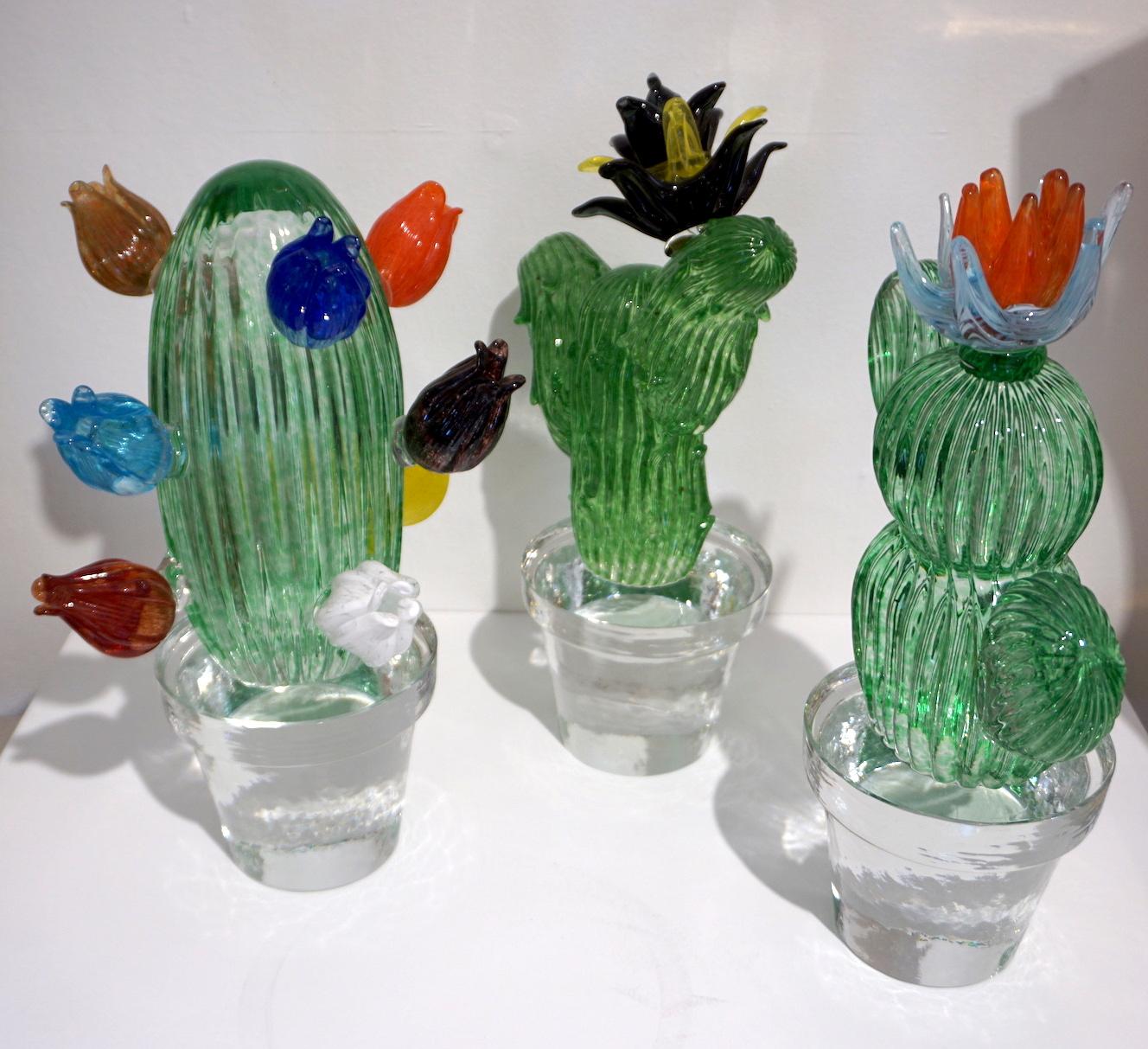 1990s Marta Marzotto Vintage Murano Glass Green Cactus Plant & Blue Coral Flower In Excellent Condition In New York, NY