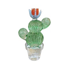 1990s Marta Marzotto Vintage Murano Glass Green Cactus Plant & Blue Coral Flower