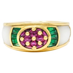 1990s Mauboussin Paris Ruby Emerald Mother-of-Pearl 18 Karat Gold Band Ring
