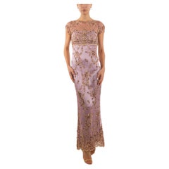 1990S Mauve & Beige Silk Lace Gown Fully Beaded With Delicate Flowers
