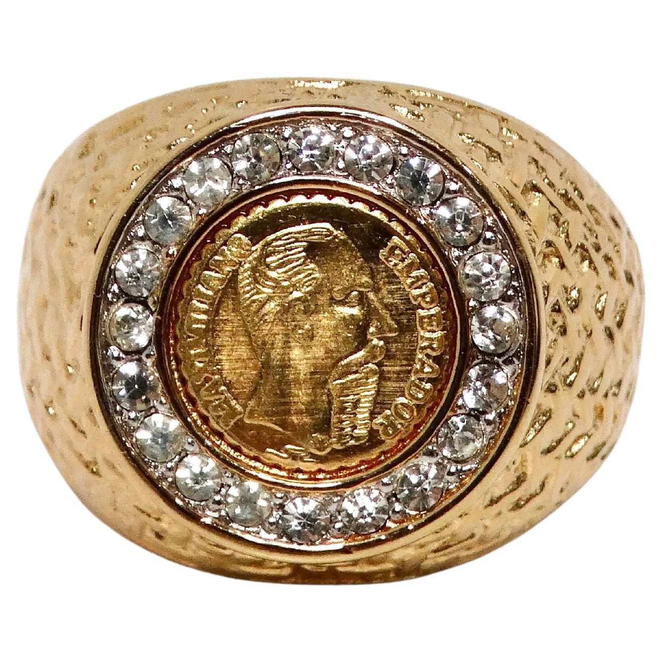 Anello da cocktail anni '90 con moneta "Maximillano Emperador" placcata in oro 14k con cristalli incisi
