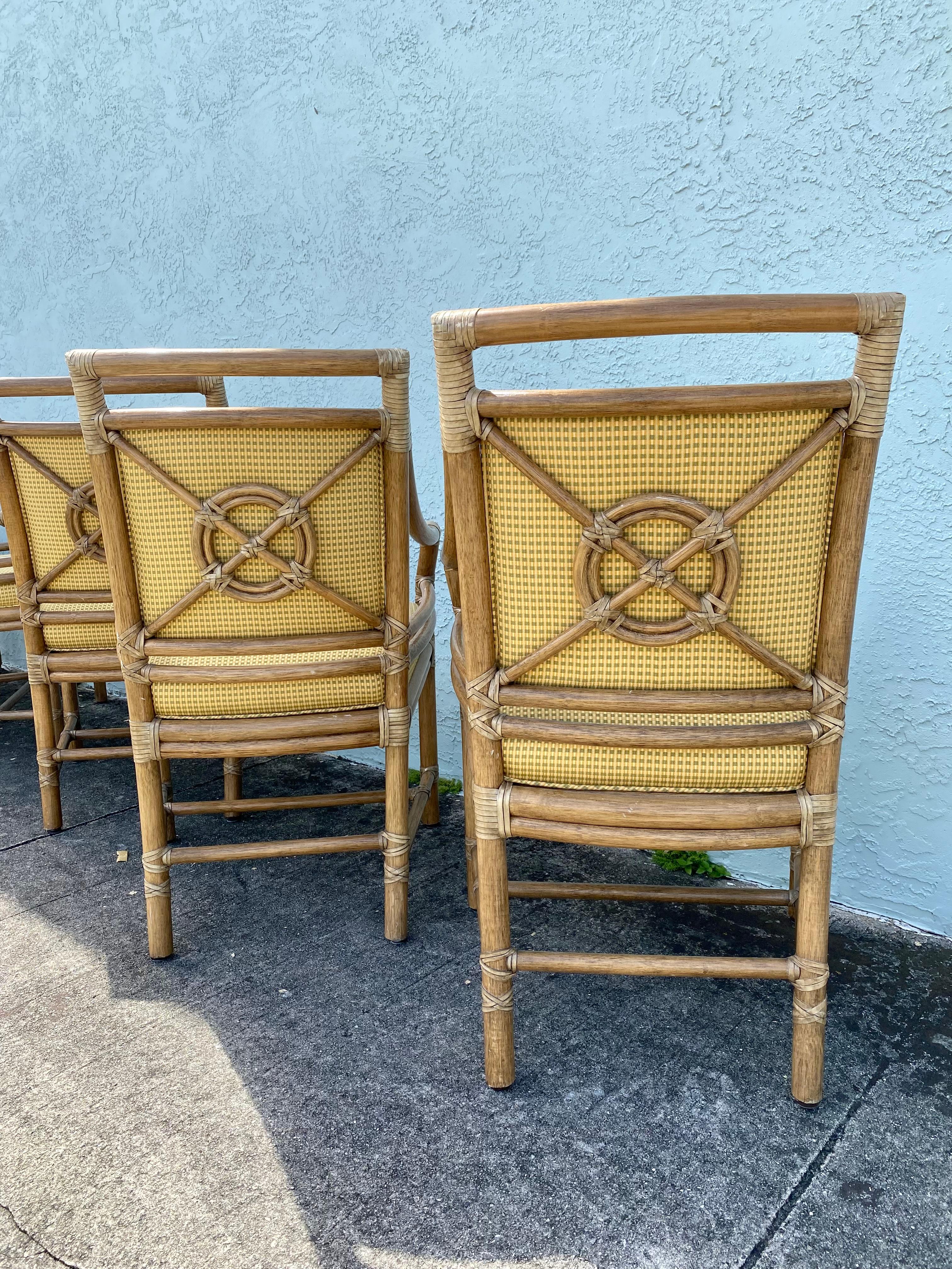 1990s McGuire Target Back Rattan Upholstered Dining Chairs, Set of 6 For Sale 3