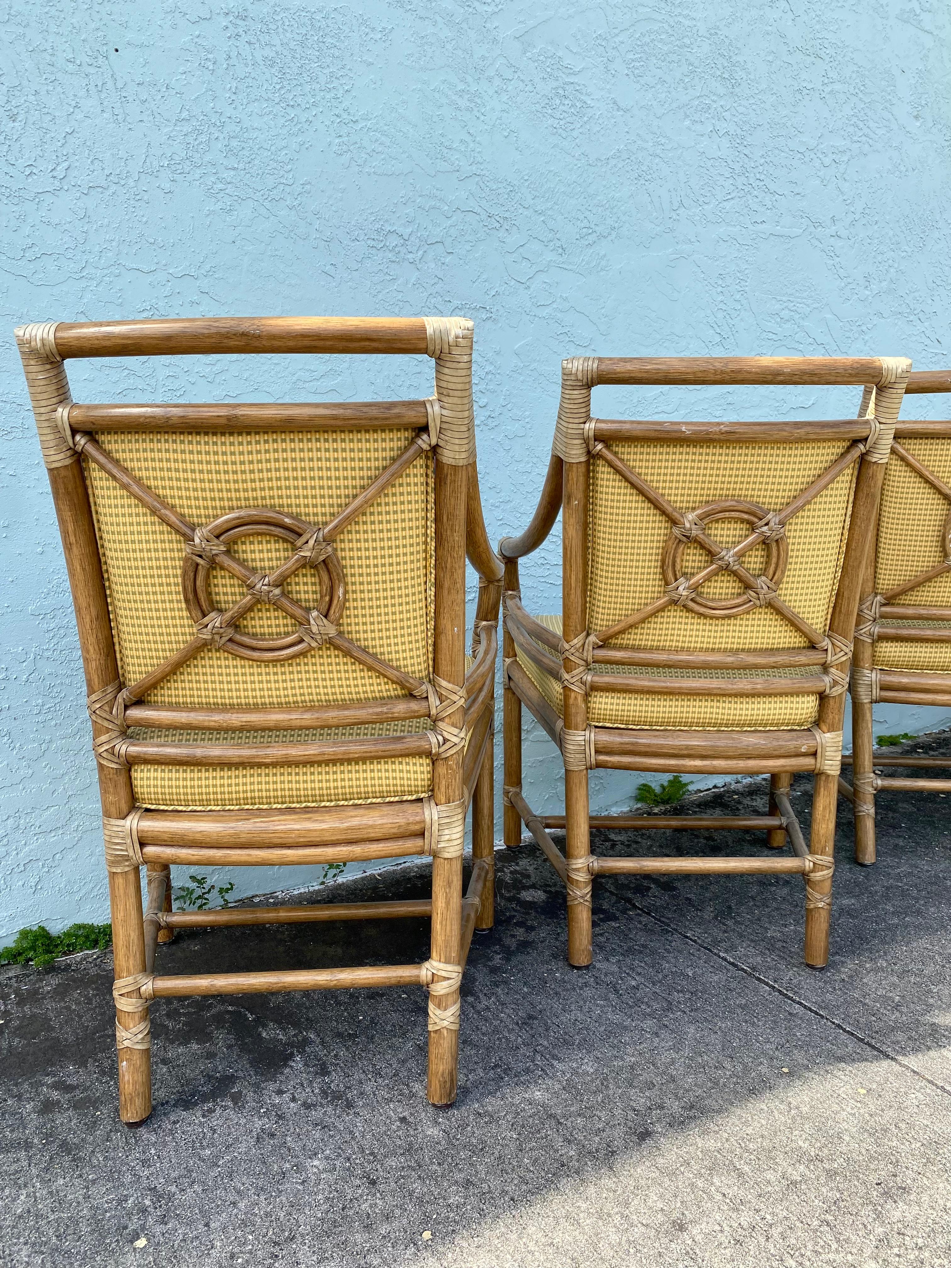 1990s McGuire Target Back Rattan Upholstered Dining Chairs, Set of 6 For Sale 4