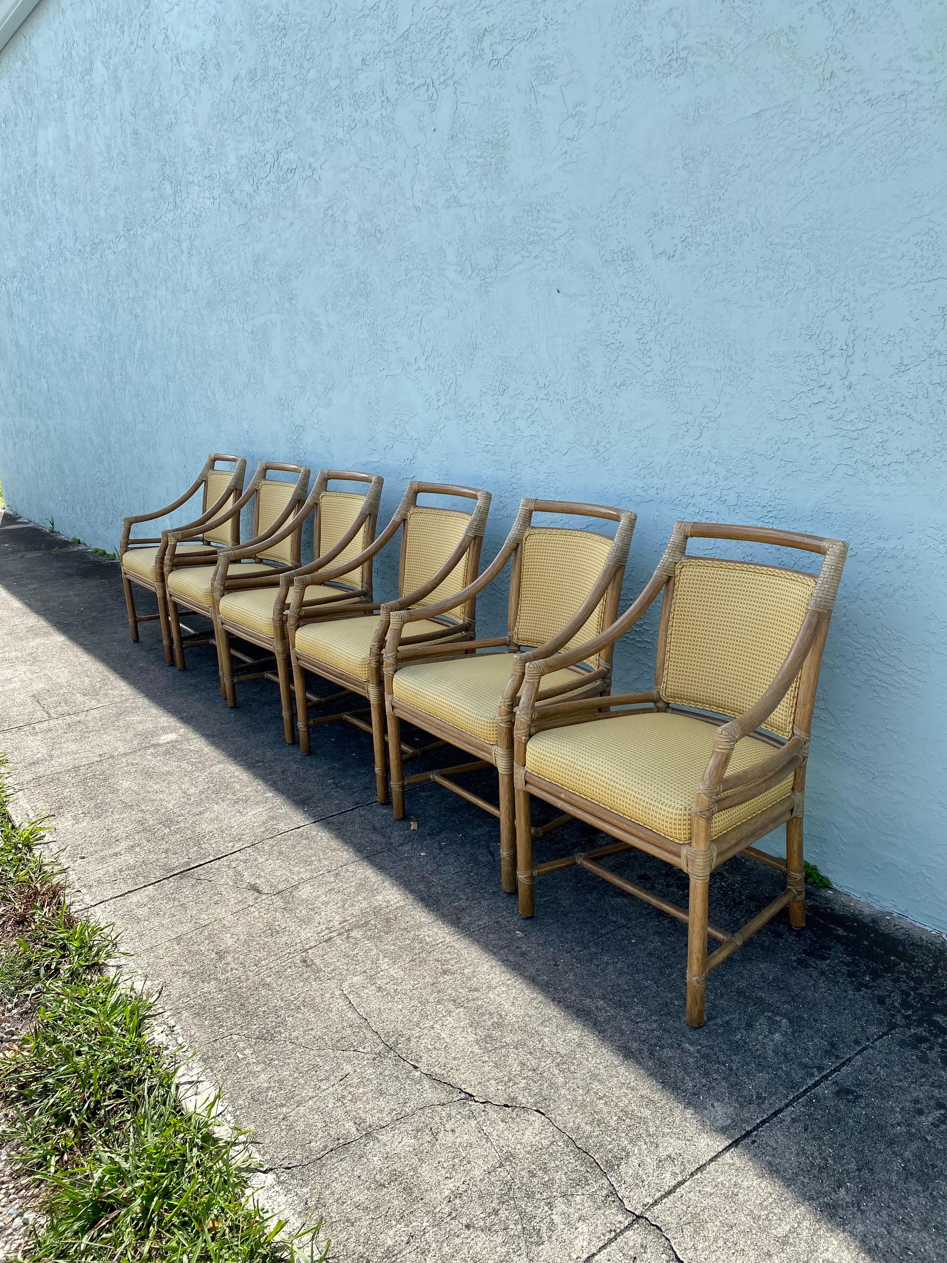 Bohemian 1990s McGuire Target Back Rattan Upholstered Dining Chairs, Set of 6 For Sale