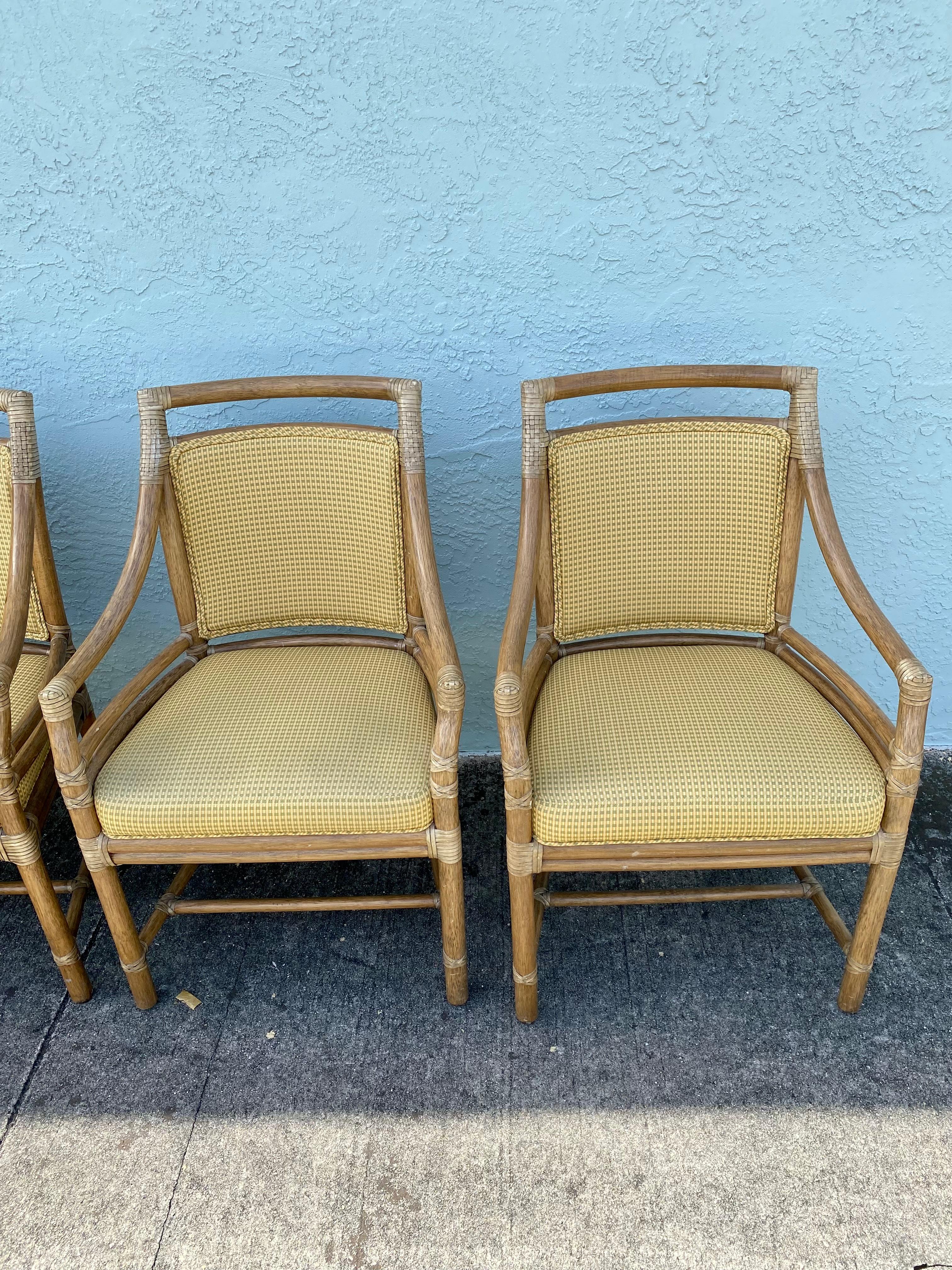 1990s McGuire Target Back Rattan Upholstered Dining Chairs, Set of 6 In Good Condition For Sale In Fort Lauderdale, FL