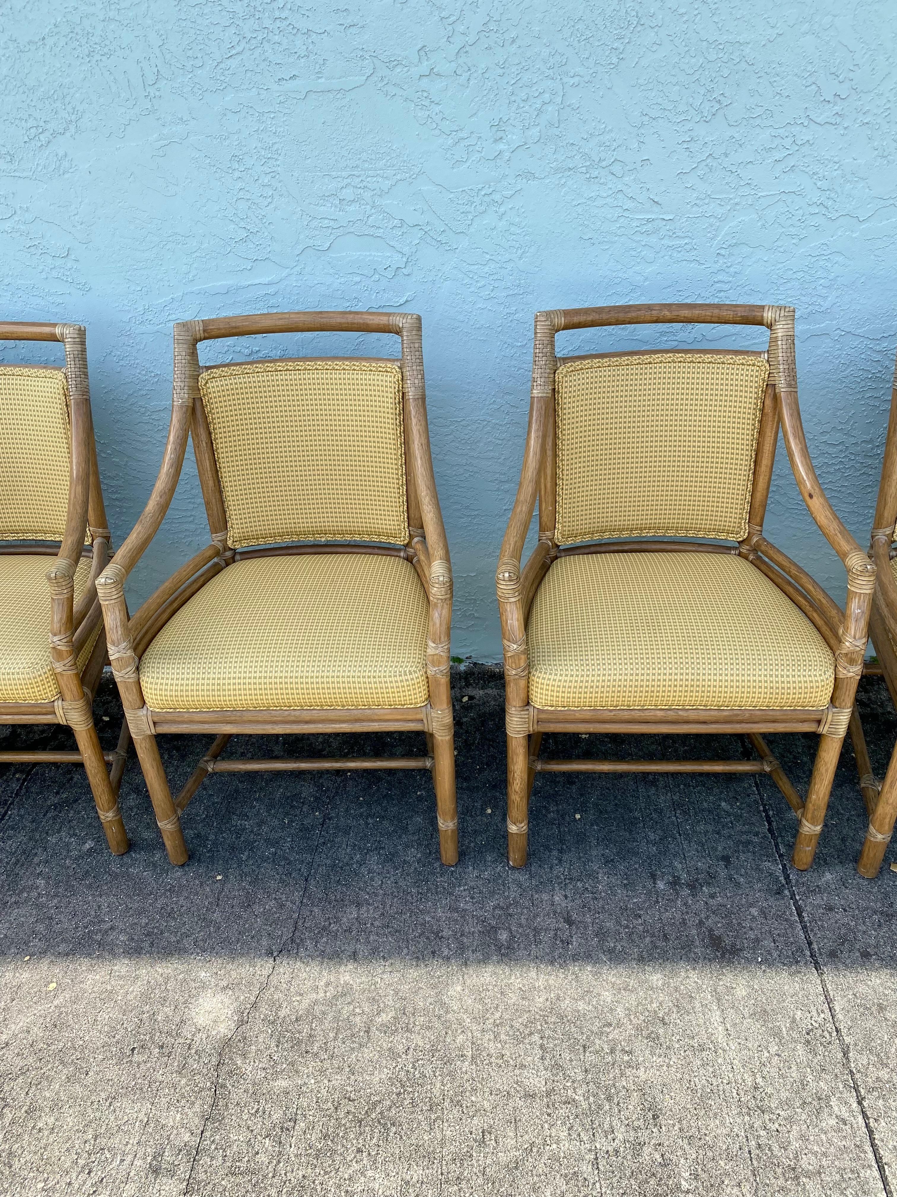 Late 20th Century 1990s McGuire Target Back Rattan Upholstered Dining Chairs, Set of 6 For Sale