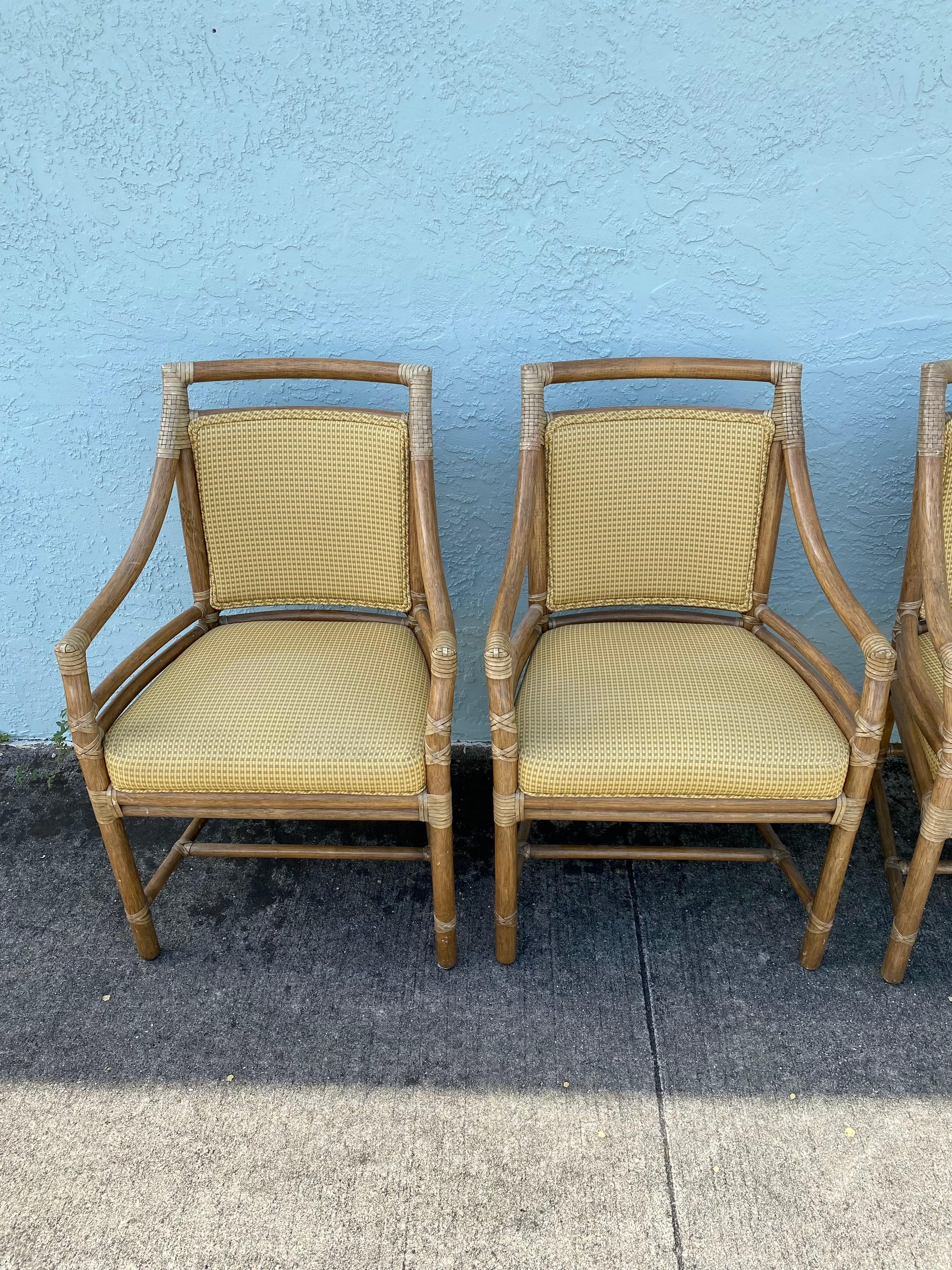 Leather 1990s McGuire Target Back Rattan Upholstered Dining Chairs, Set of 6 For Sale