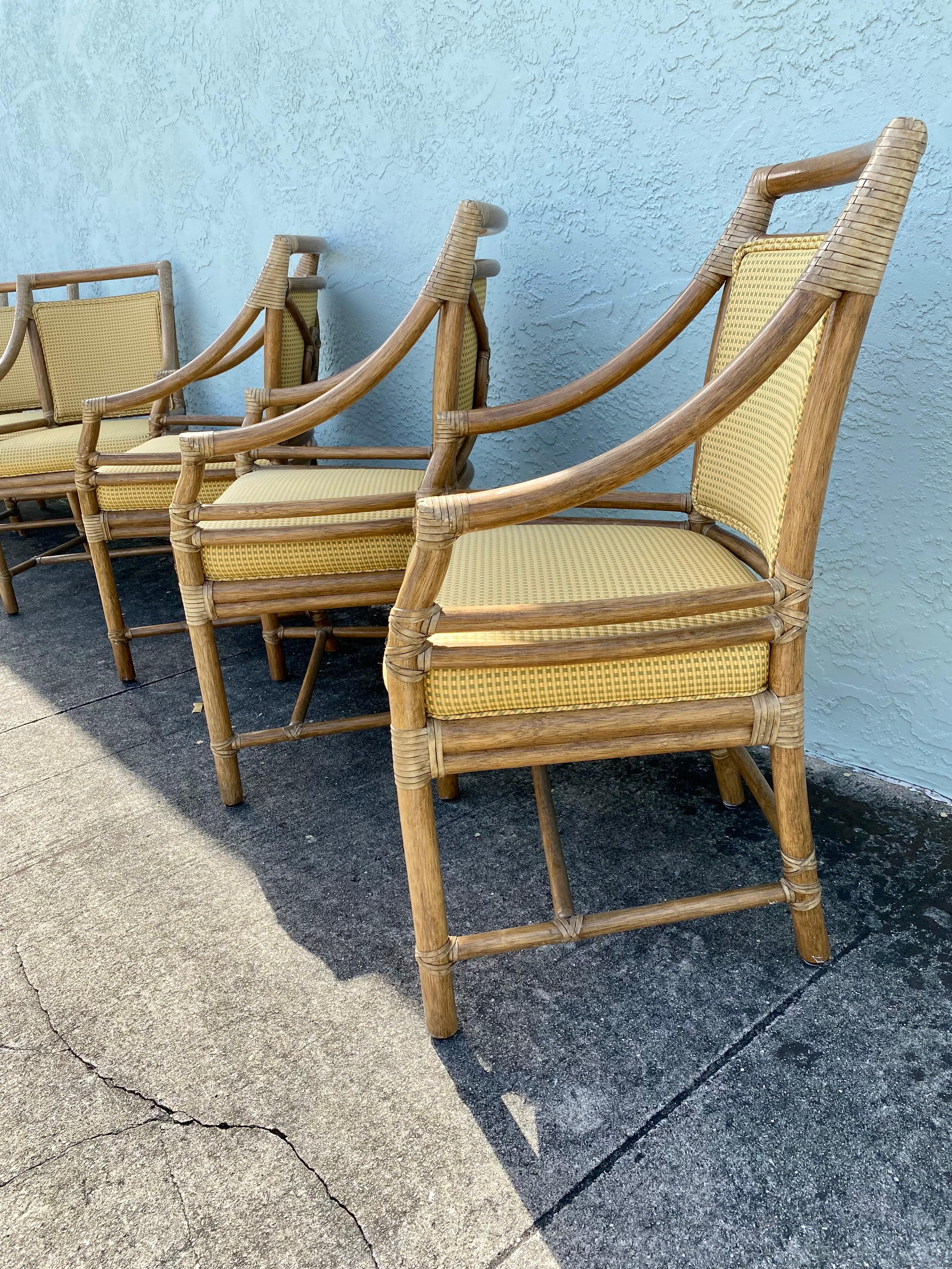 1990s McGuire Target Back Rattan Upholstered Dining Chairs, Set of 6 For Sale 1