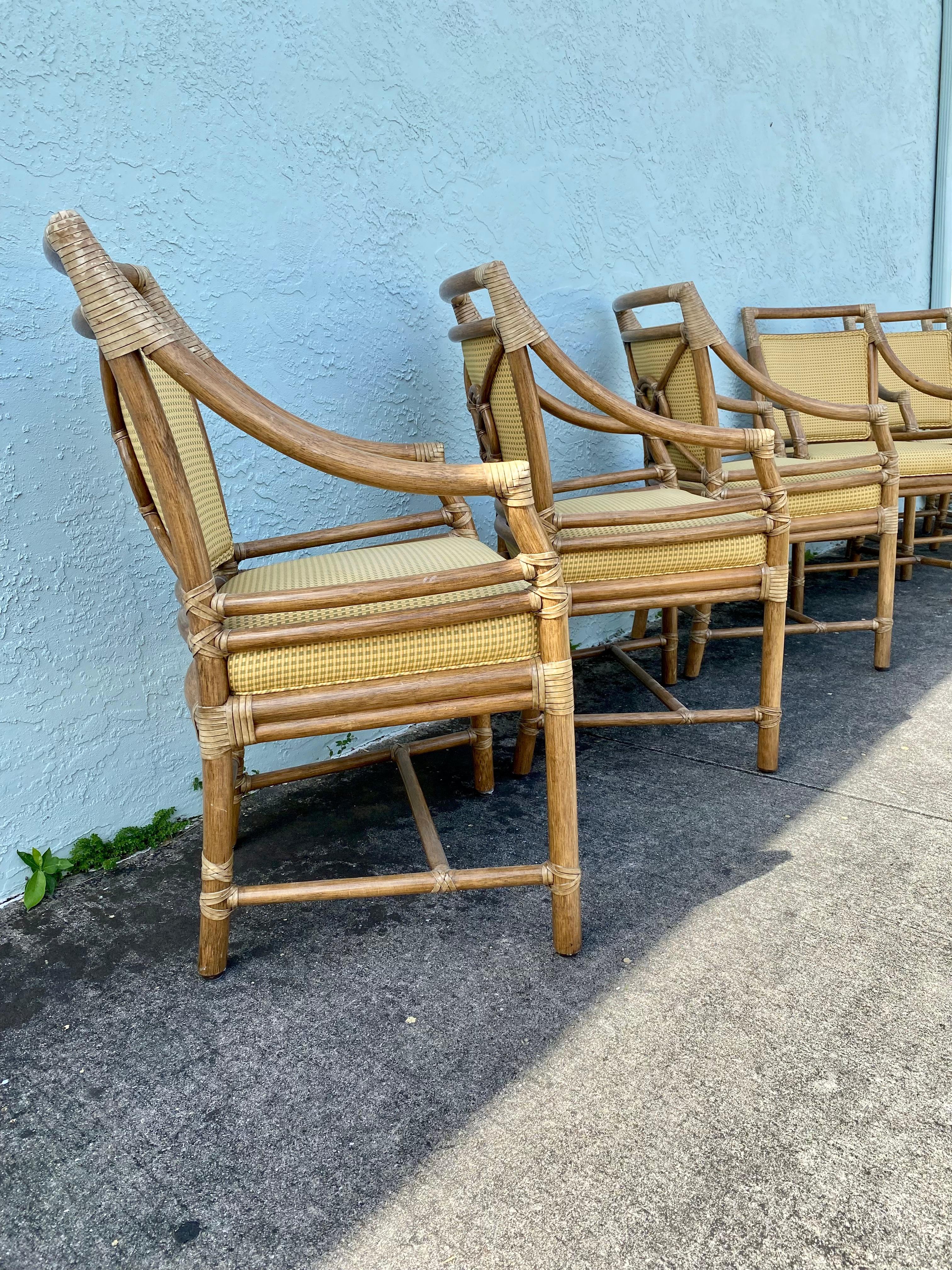 1990s McGuire Target Back Rattan Upholstered Dining Chairs, Set of 6 For Sale 2