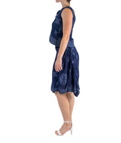 1990S ME BY ISSEY MIYAKE Blue Floral Cotton Blend Plissé Top & Skirt Ensemble