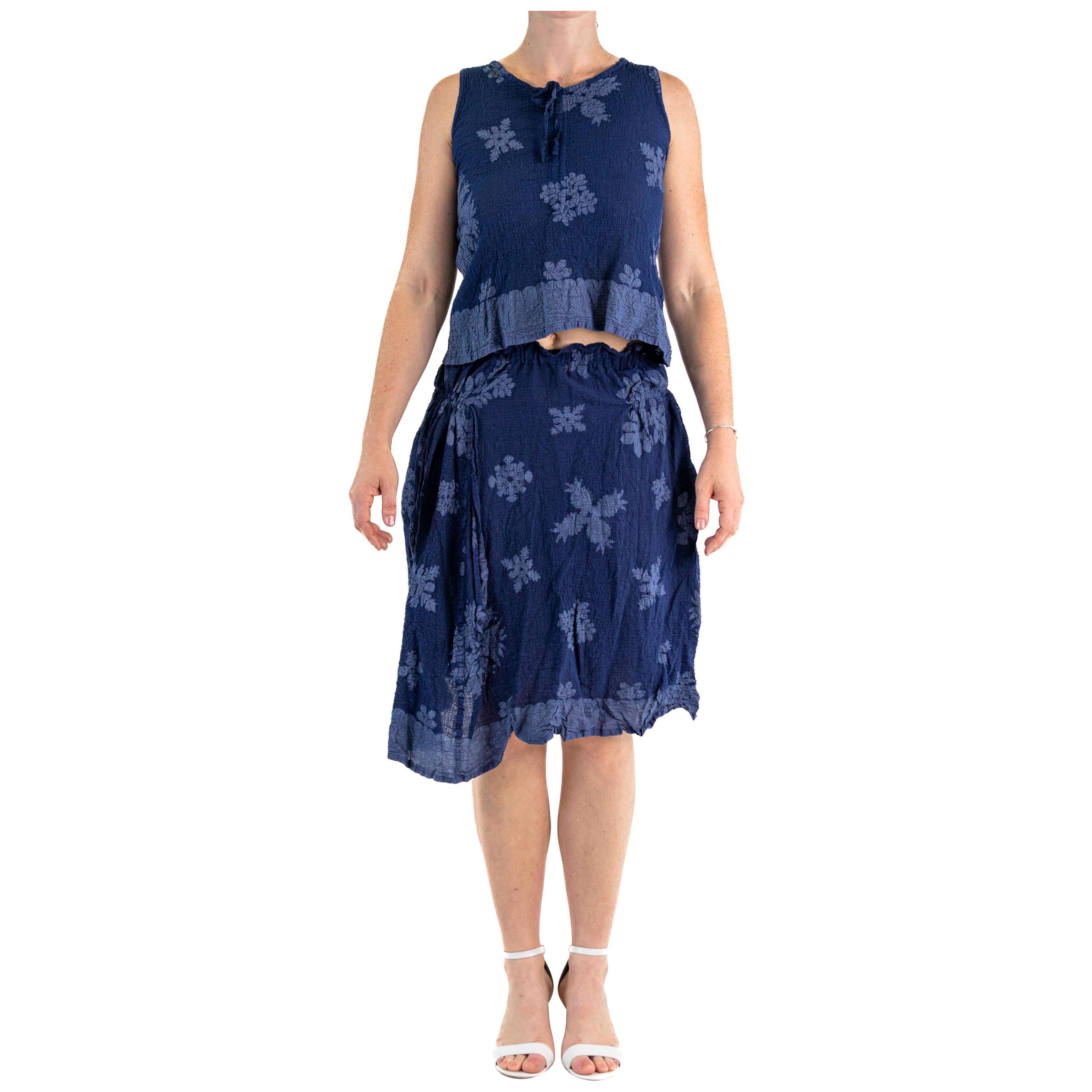 1990S ME BY ISSEY MIYAKE - Top e Gonna Plissé in misto cotone con motivi floreali blu