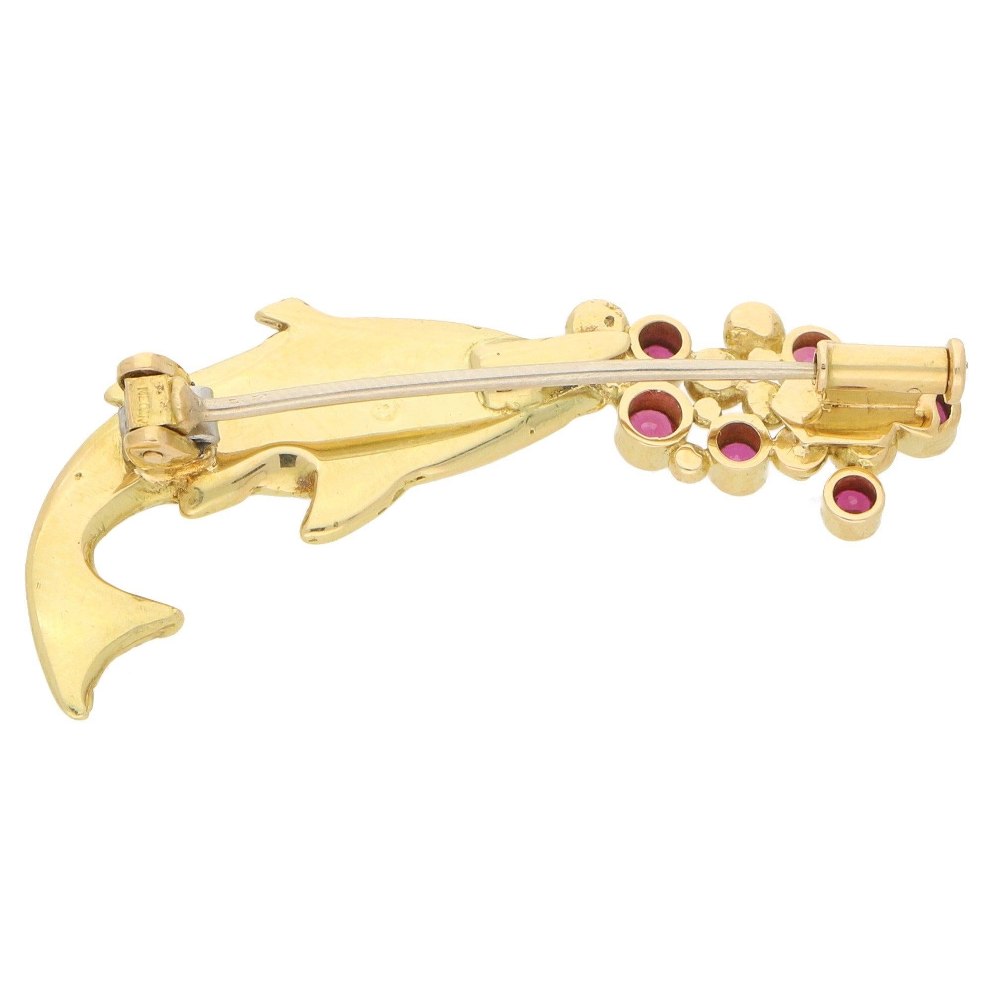 Round Cut Mecan Elde Ruby and Diamond Fish Brooch Set in 18k Yellow Gold