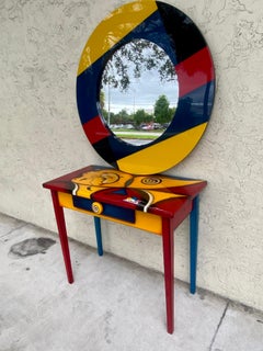 1990s Memphis Style Postmodern Abstract Art Console Desk and Mirror