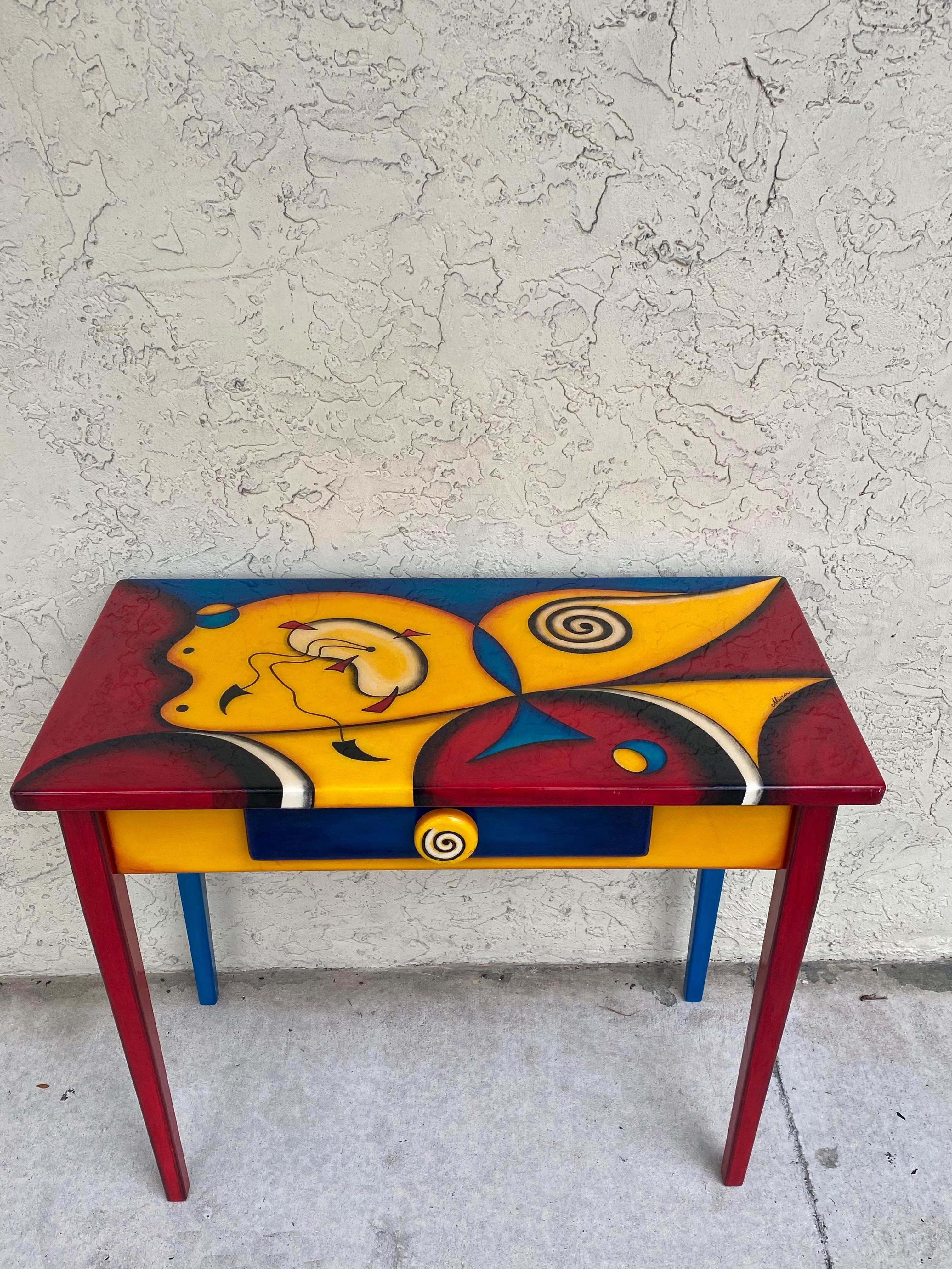1990s Memphis Style Postmodern Abstract Art Console Desk and Mirror In Good Condition For Sale In Fort Lauderdale, FL
