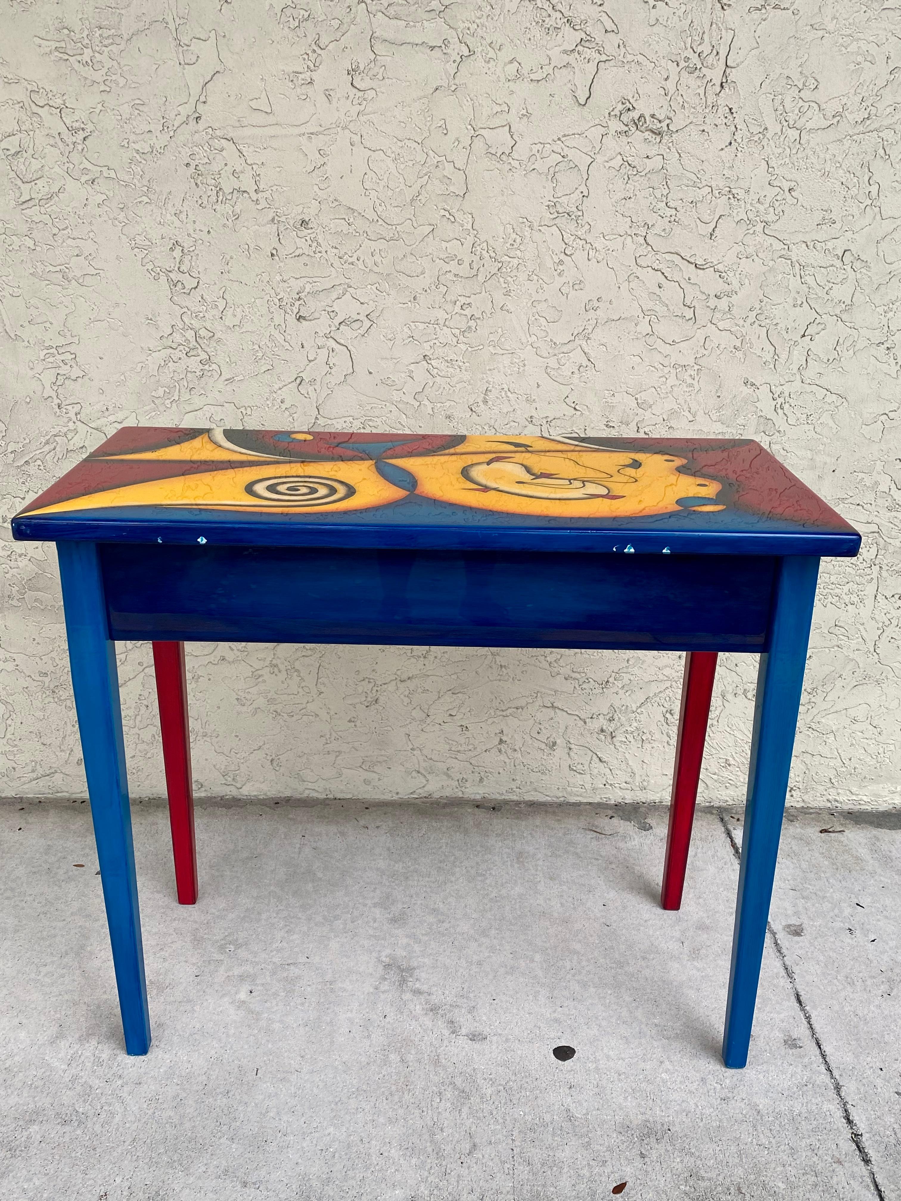 Late 20th Century 1990s Memphis Style Postmodern Abstract Art Console Desk and Mirror For Sale