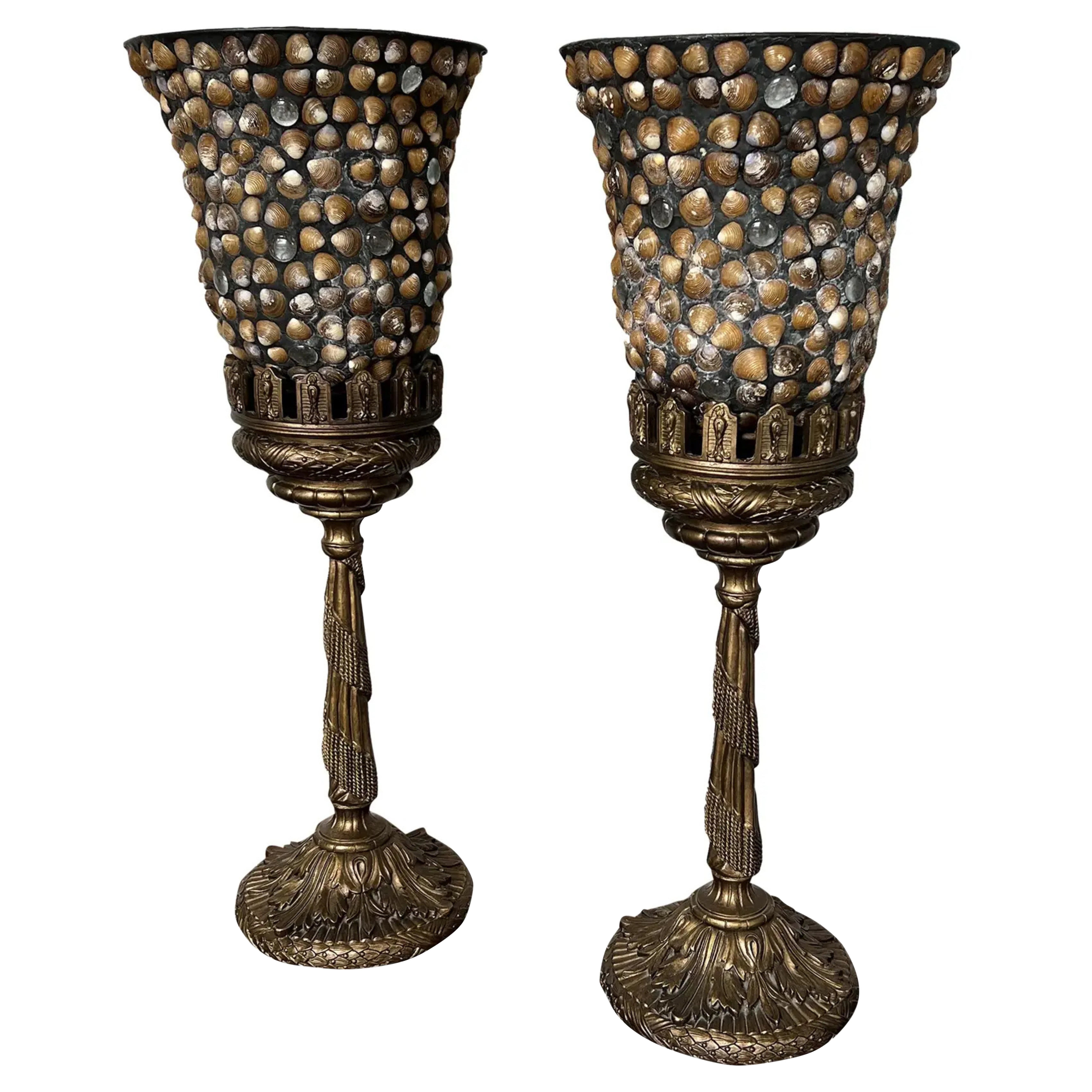1990s Metal & Shell Decorative Candlesticks Pair For Sale