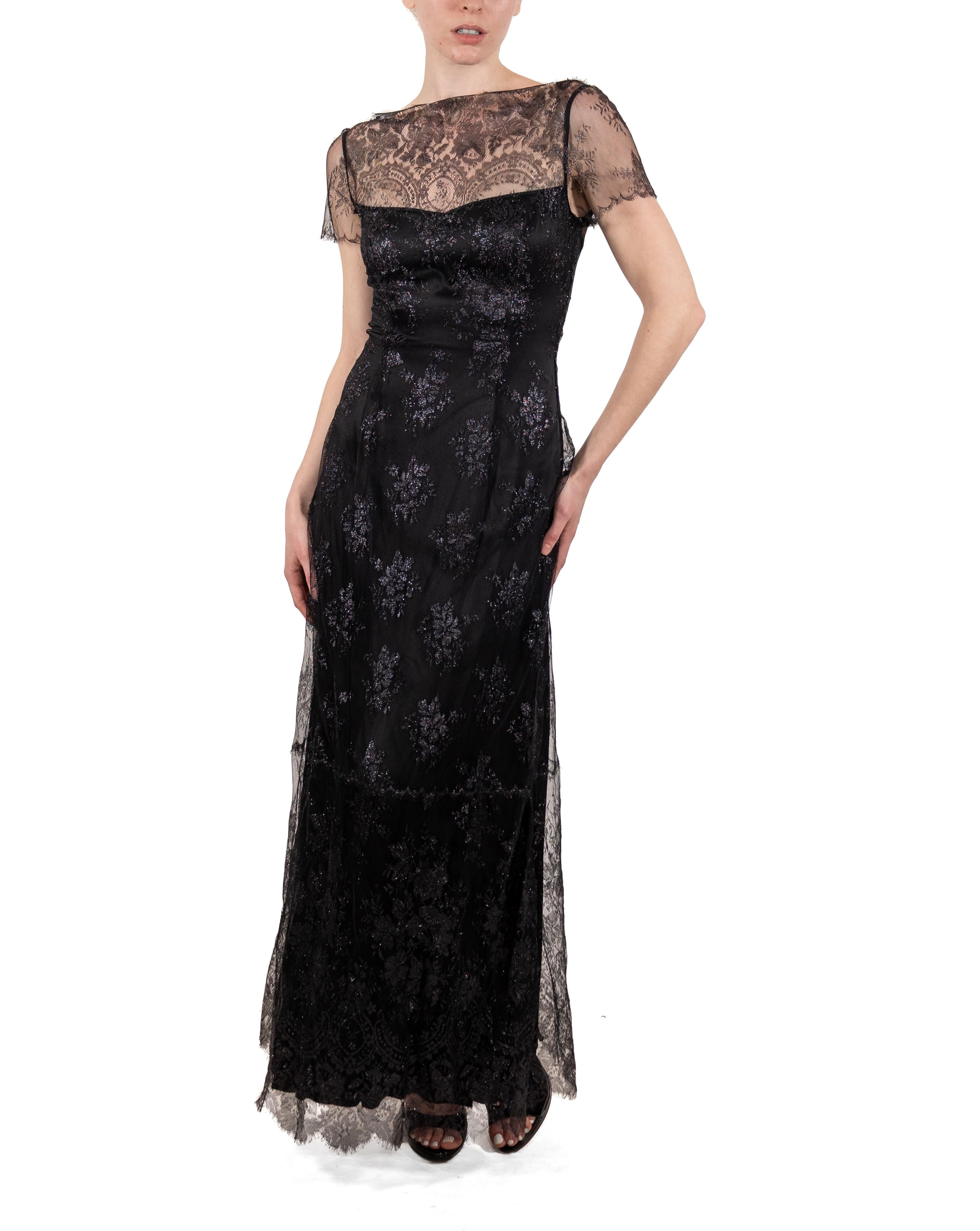 This gown retains no label, however the amount of hand-finishing points to Haute Couture or custom made quality, fully lined in silk. 1990S Metallic Black Rayon/Lurex Lace Gown 