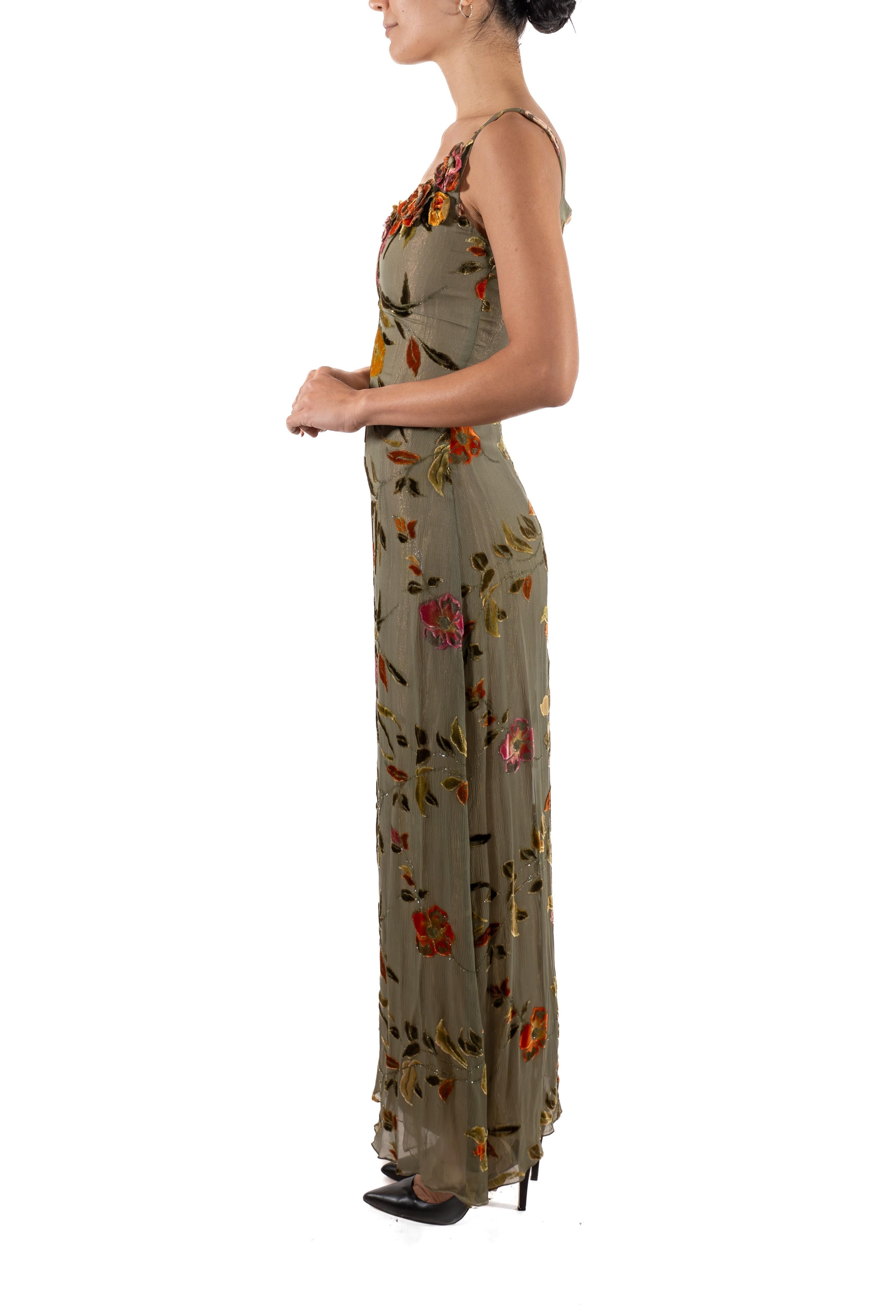This gown retains no label, however the amount of hand-finishing points to Haute Couture or custom made quality, fully lined in silk. 1990S Metallic Floral Rayon & Silk Burnout Velvet Gown 