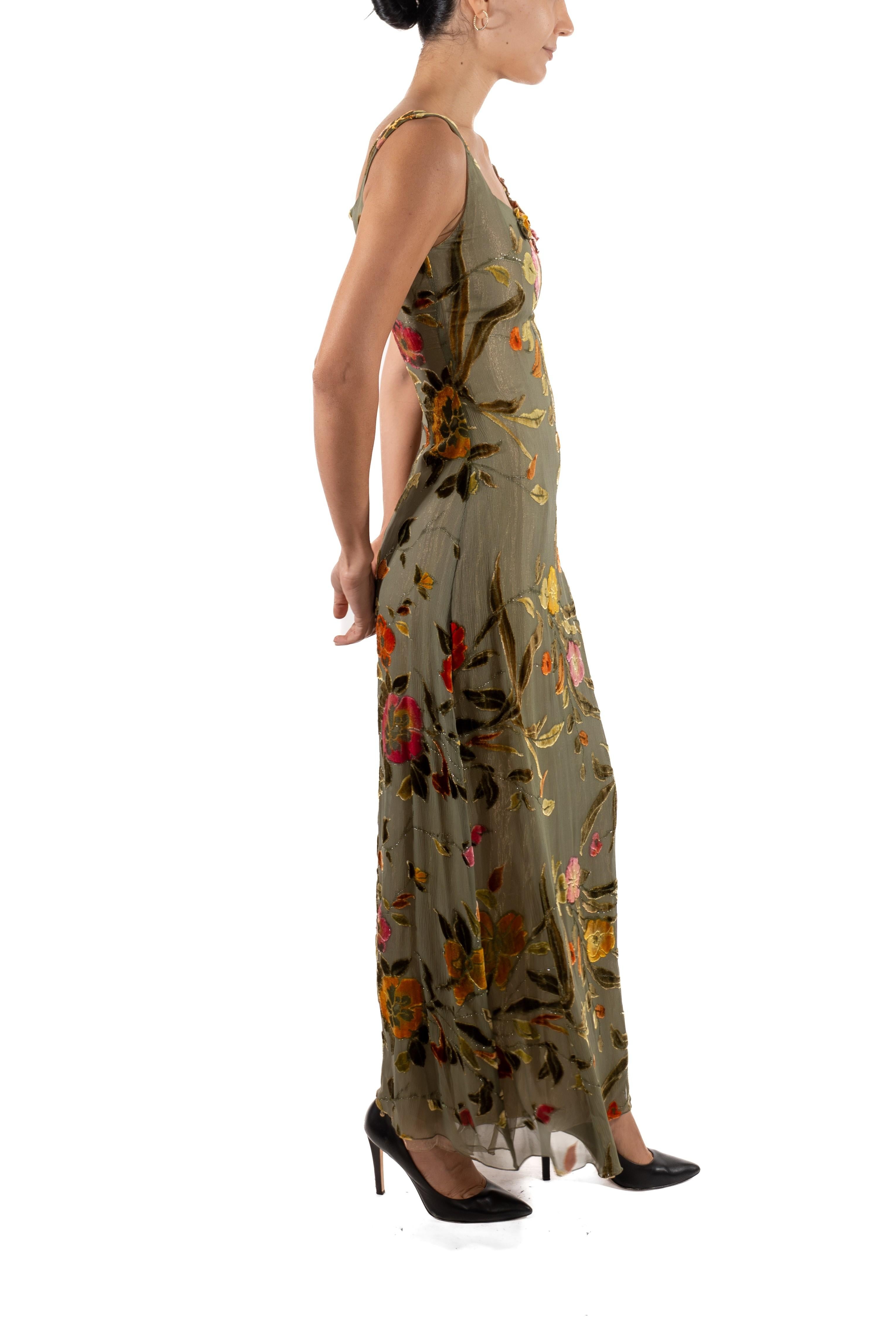 Brown 1990S Metallic Floral Rayon & Silk Burnout Velvet Gown For Sale