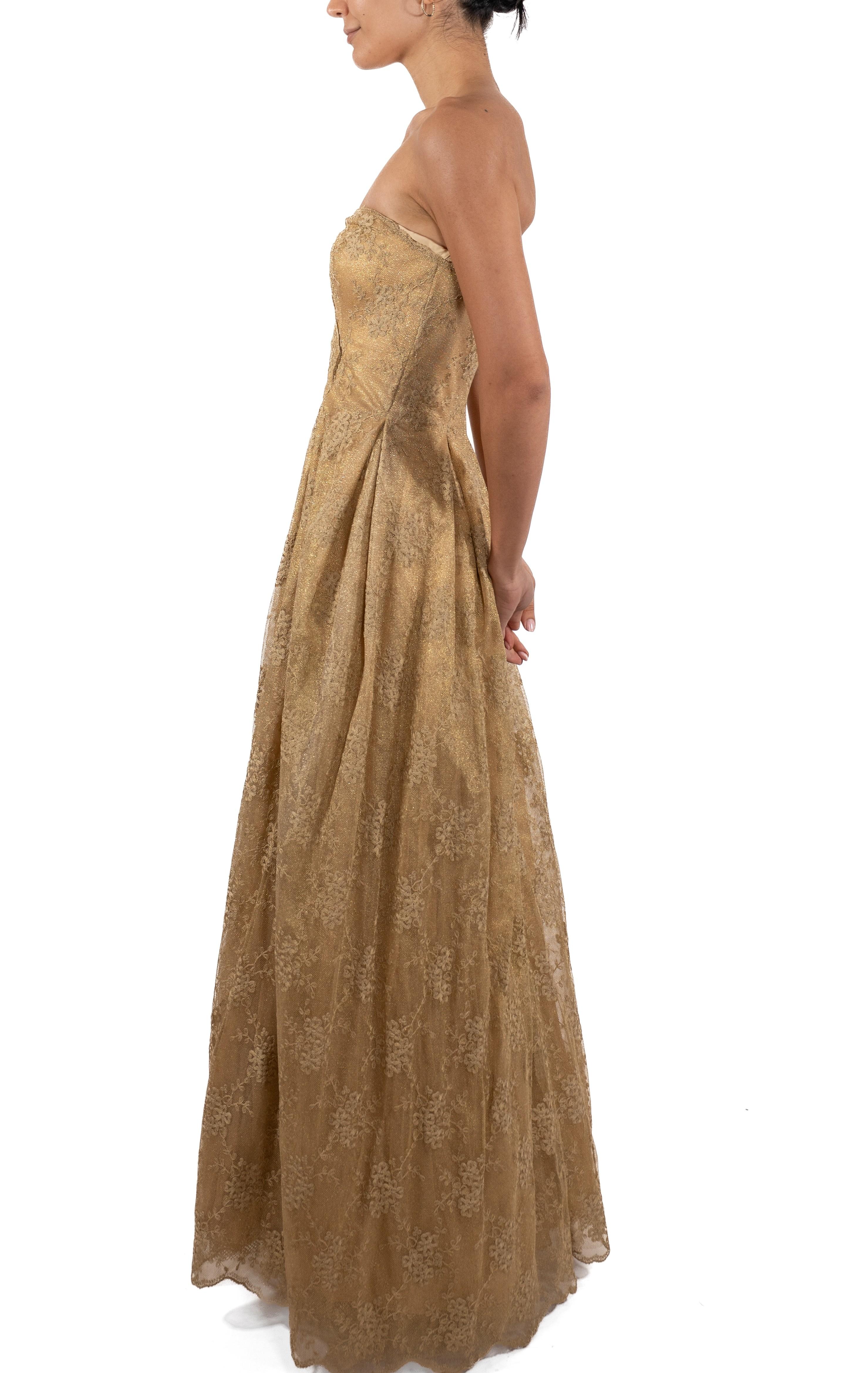 Brown 1990S Metallic Gold Silk Blend Lace Strapless Ball Gown For Sale