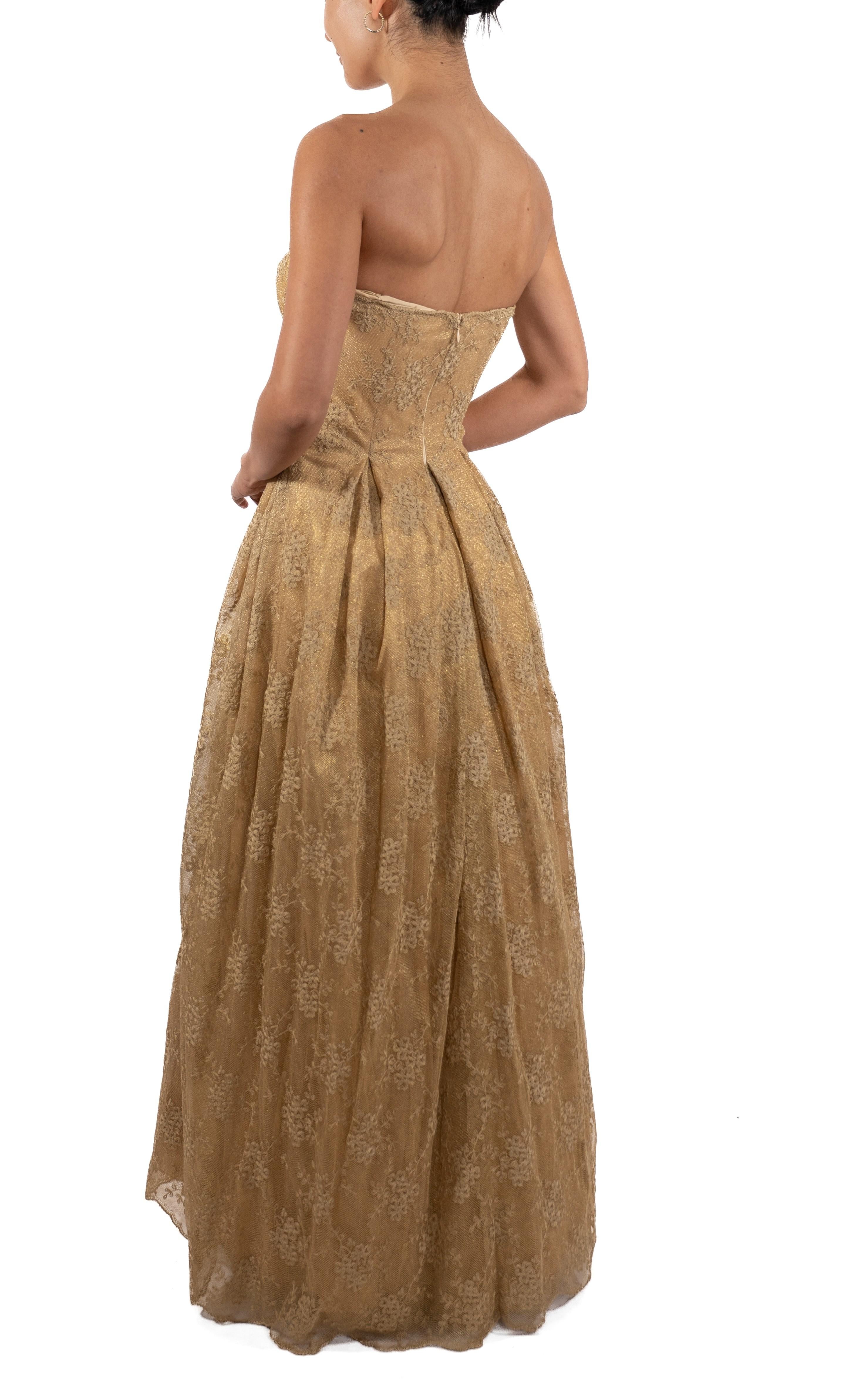 1990S Metallic Gold Silk Blend Lace Strapless Ball Gown In Good Condition For Sale In New York, NY