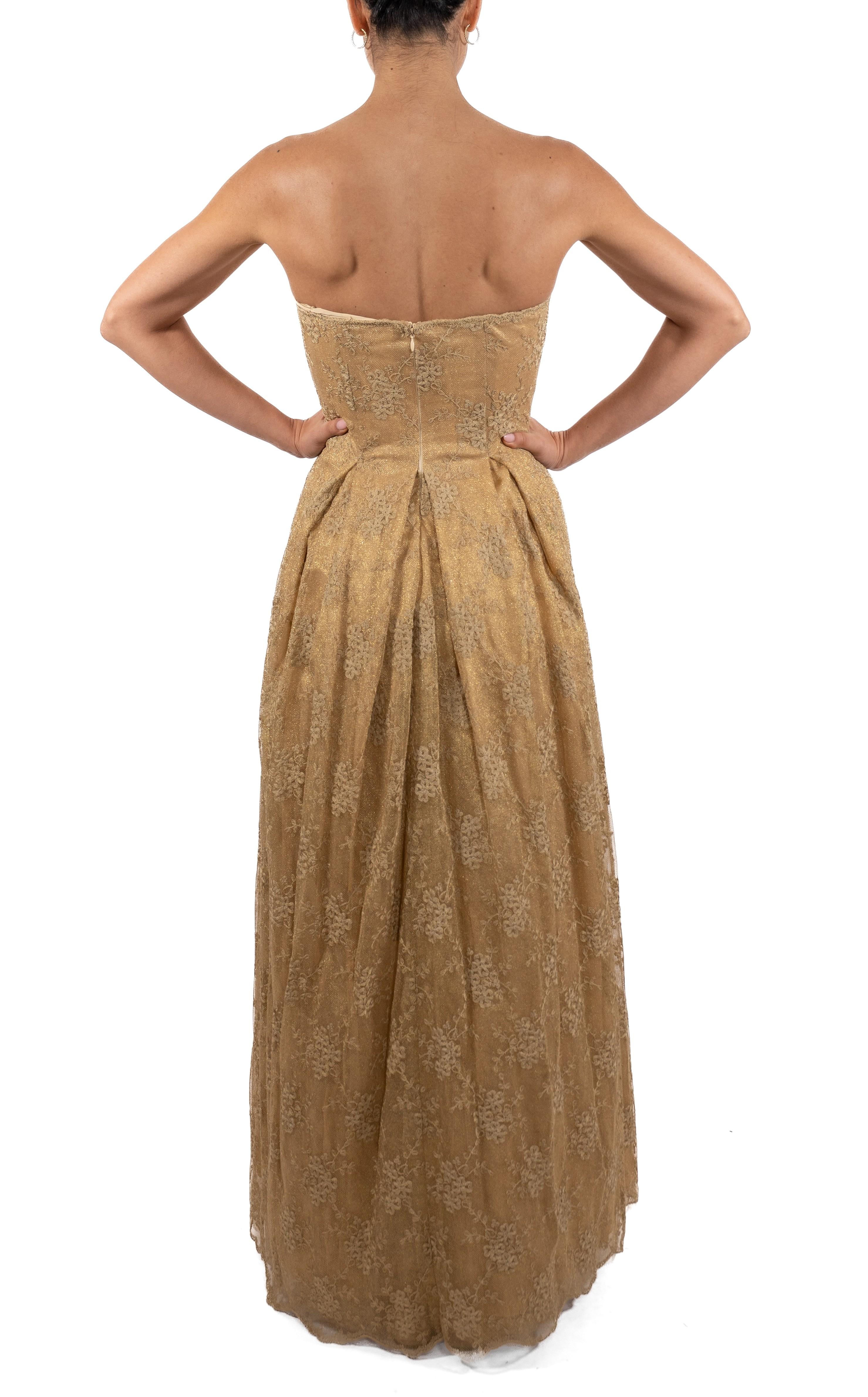 Women's 1990S Metallic Gold Silk Blend Lace Strapless Ball Gown For Sale