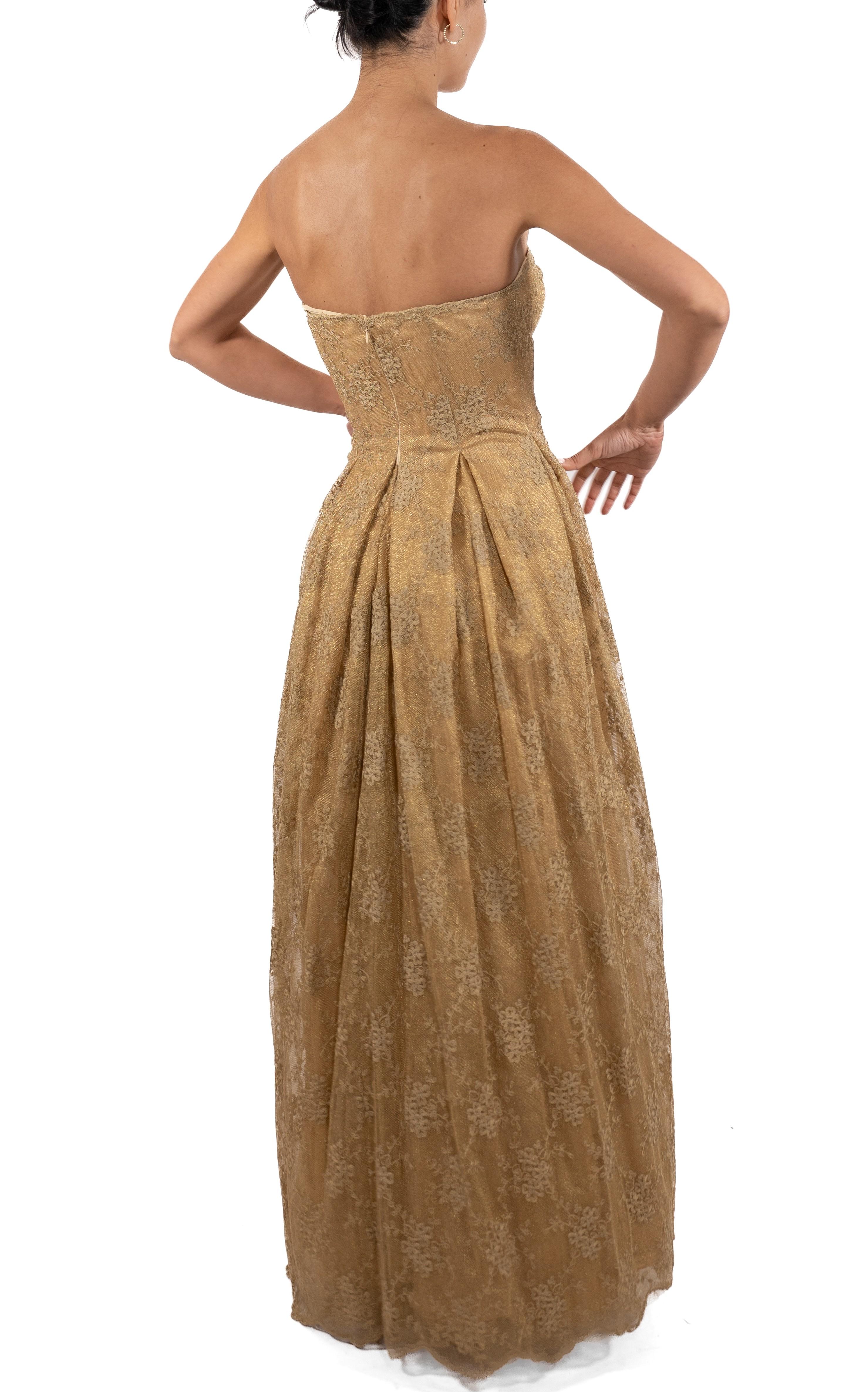 1990S Metallic Gold Silk Blend Lace Strapless Ball Gown For Sale 1