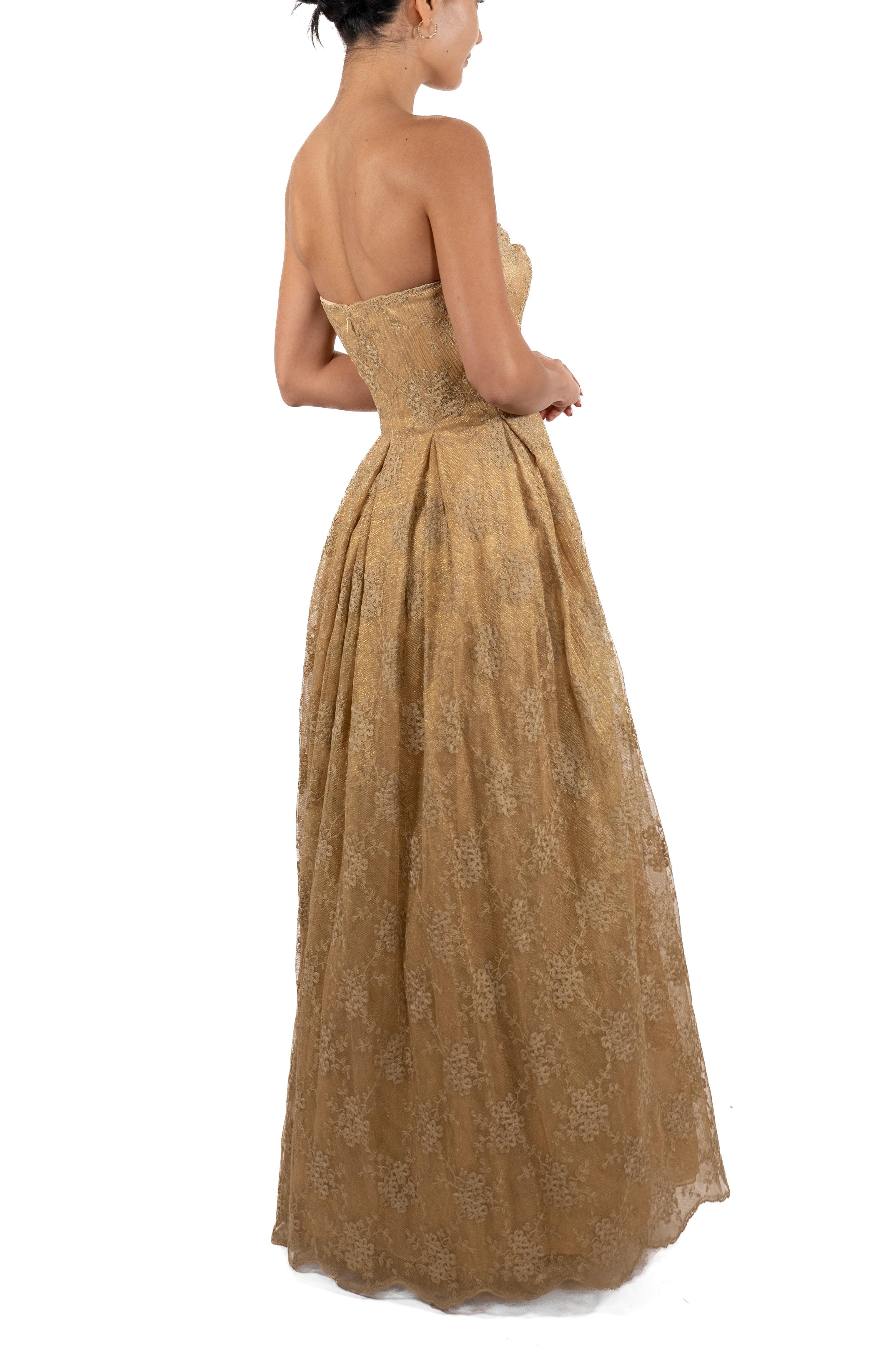 1990S Metallic Gold Silk Blend Lace Strapless Ball Gown For Sale 2