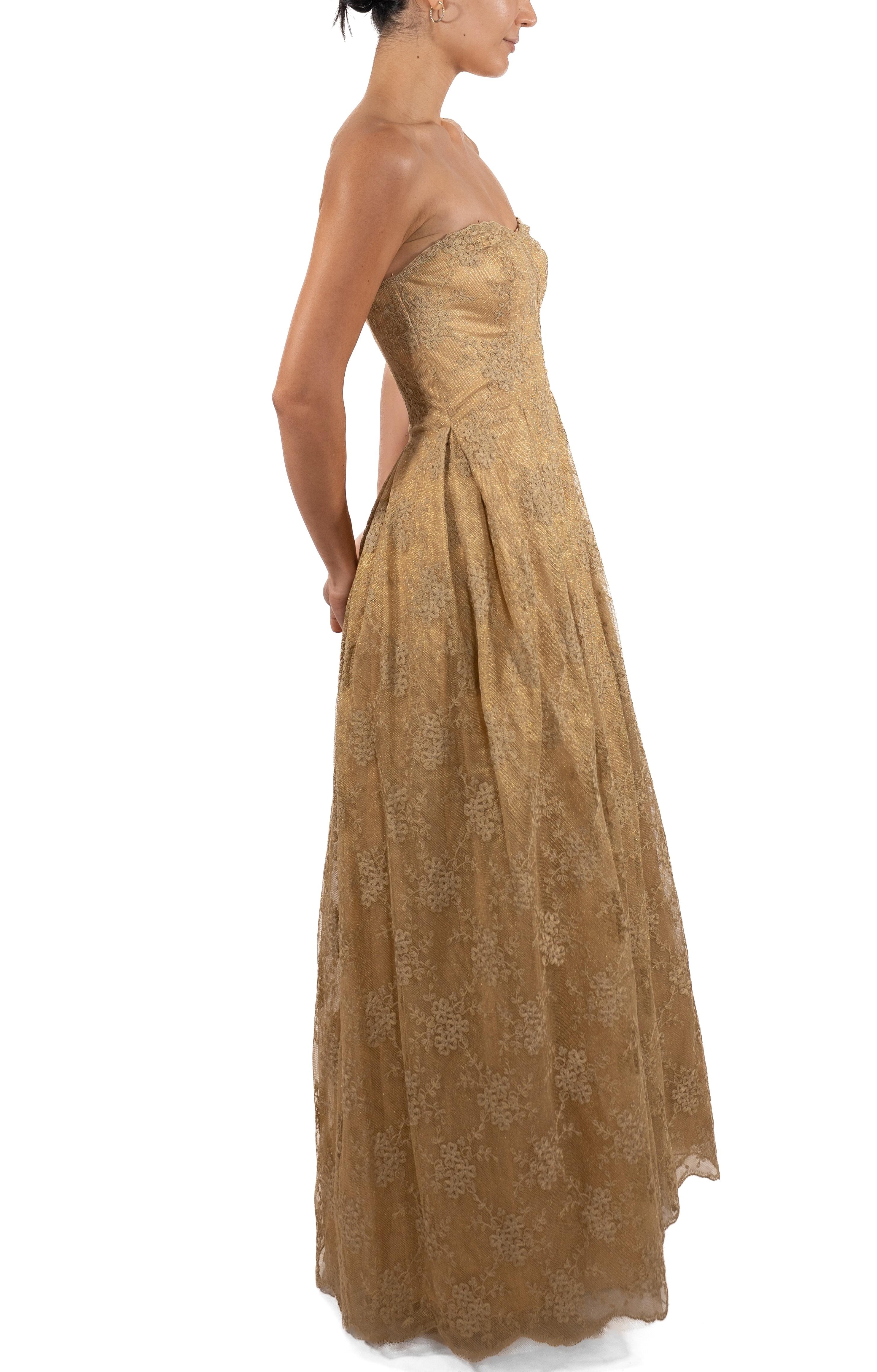 1990S Metallic Gold Silk Blend Lace Strapless Ball Gown For Sale 3