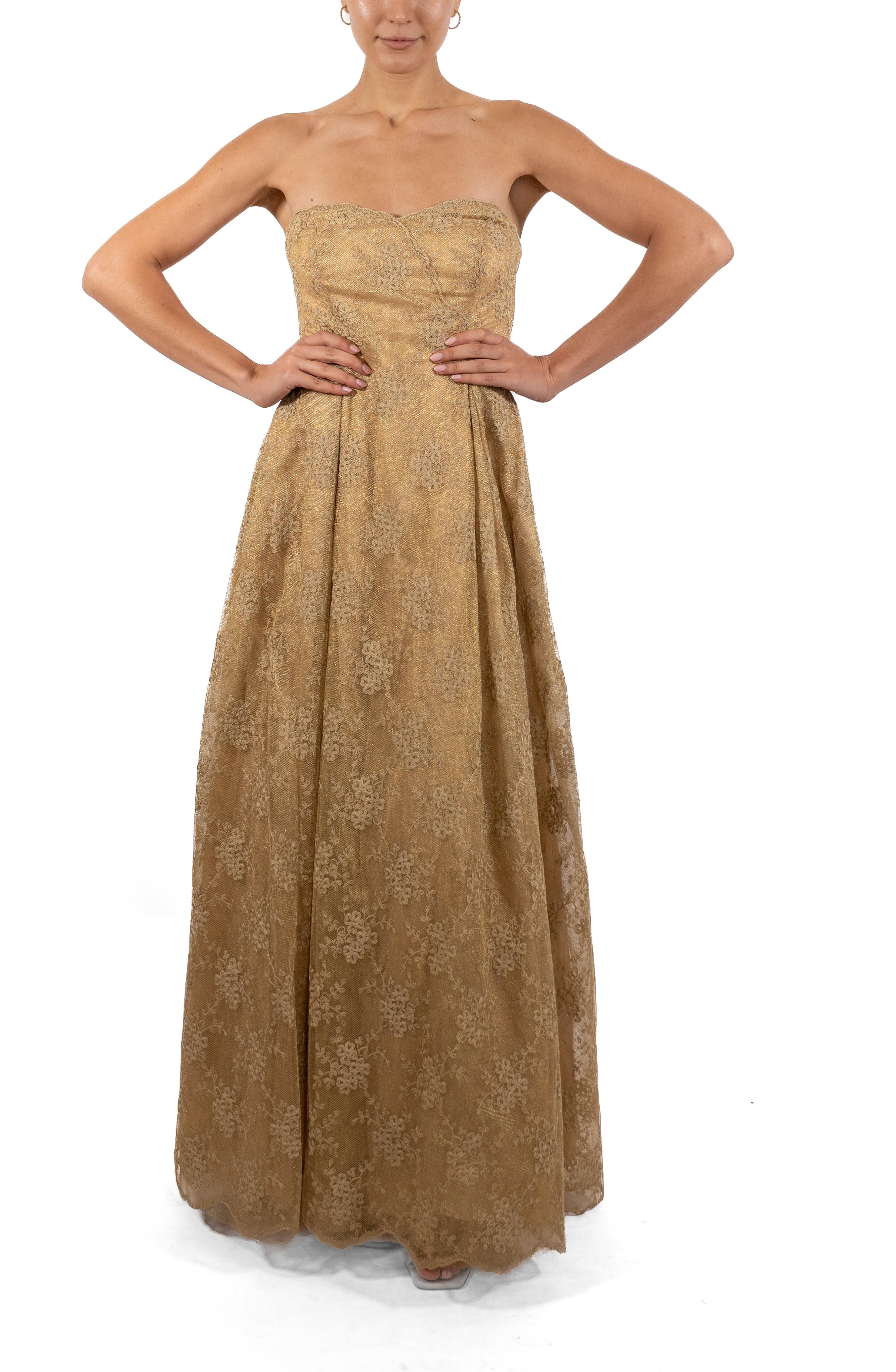 1990S Metallic Gold Silk Blend Lace Strapless Ball Gown For Sale 4