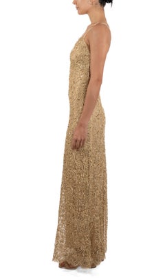 1990S Metallic Gold Silk & Lurex Lace Fully Beaded Column Gown