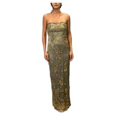 1990s Metallic Green & Purple Silk Beaded Lace Lined Strapless Dress