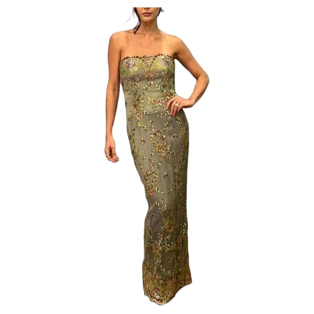 1990s Metallic Green & Purple Silk Beaded Lace Lined Strapless Dress