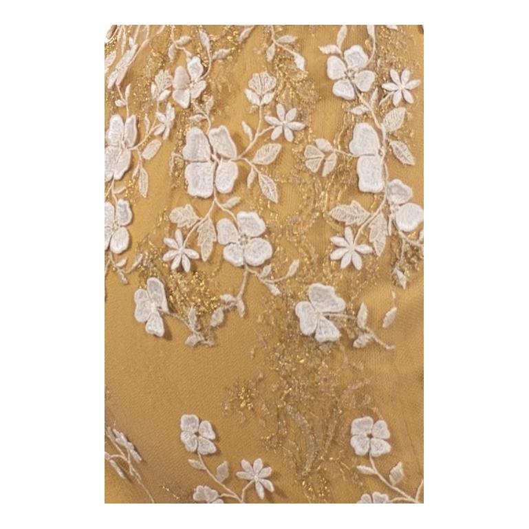 1990S Metallic White & Gold Silk Blend Lace Gown With Appliqué Flowers For Sale 5