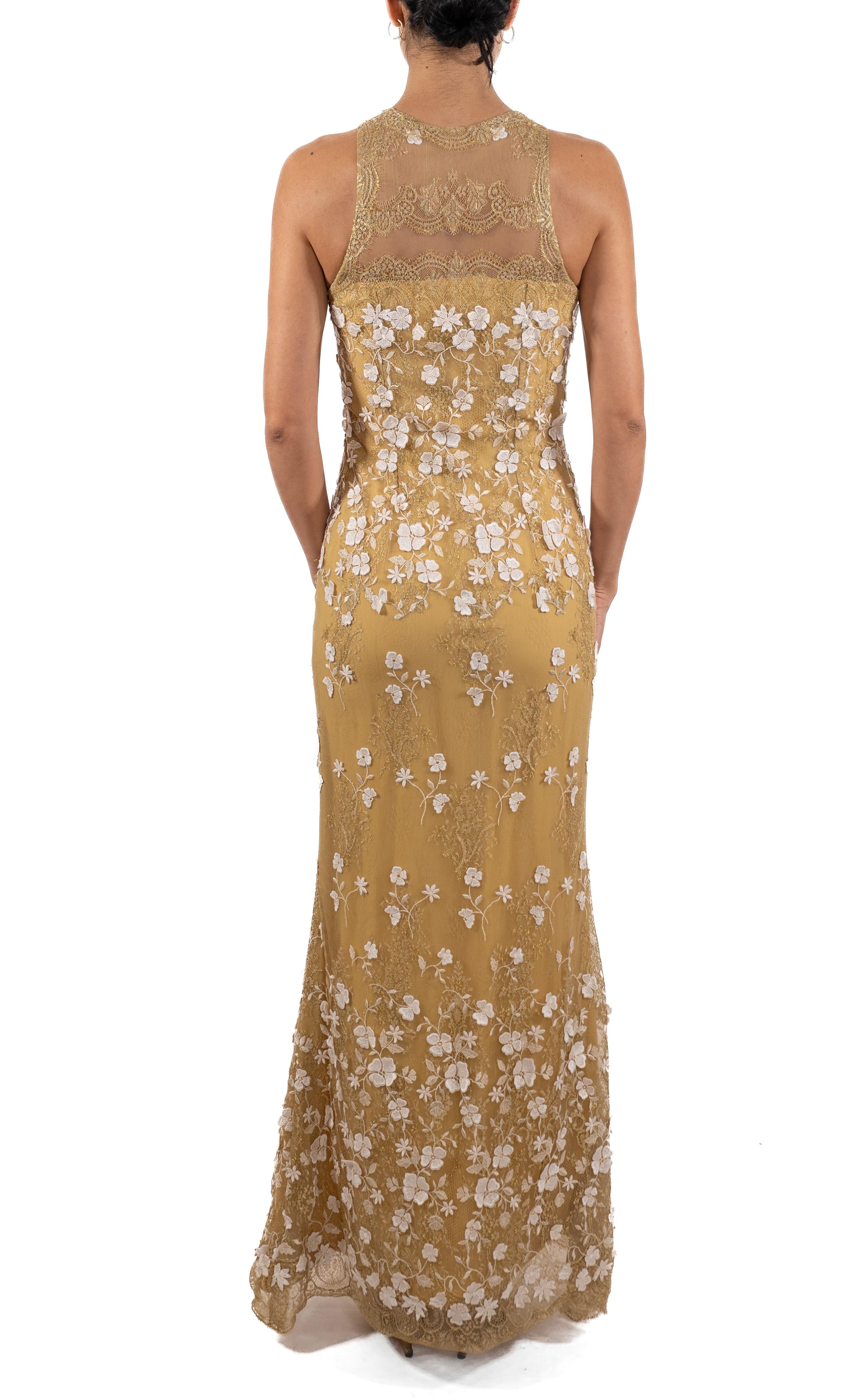 Women's 1990S Metallic White & Gold Silk Blend Lace Gown With Appliqué Flowers For Sale