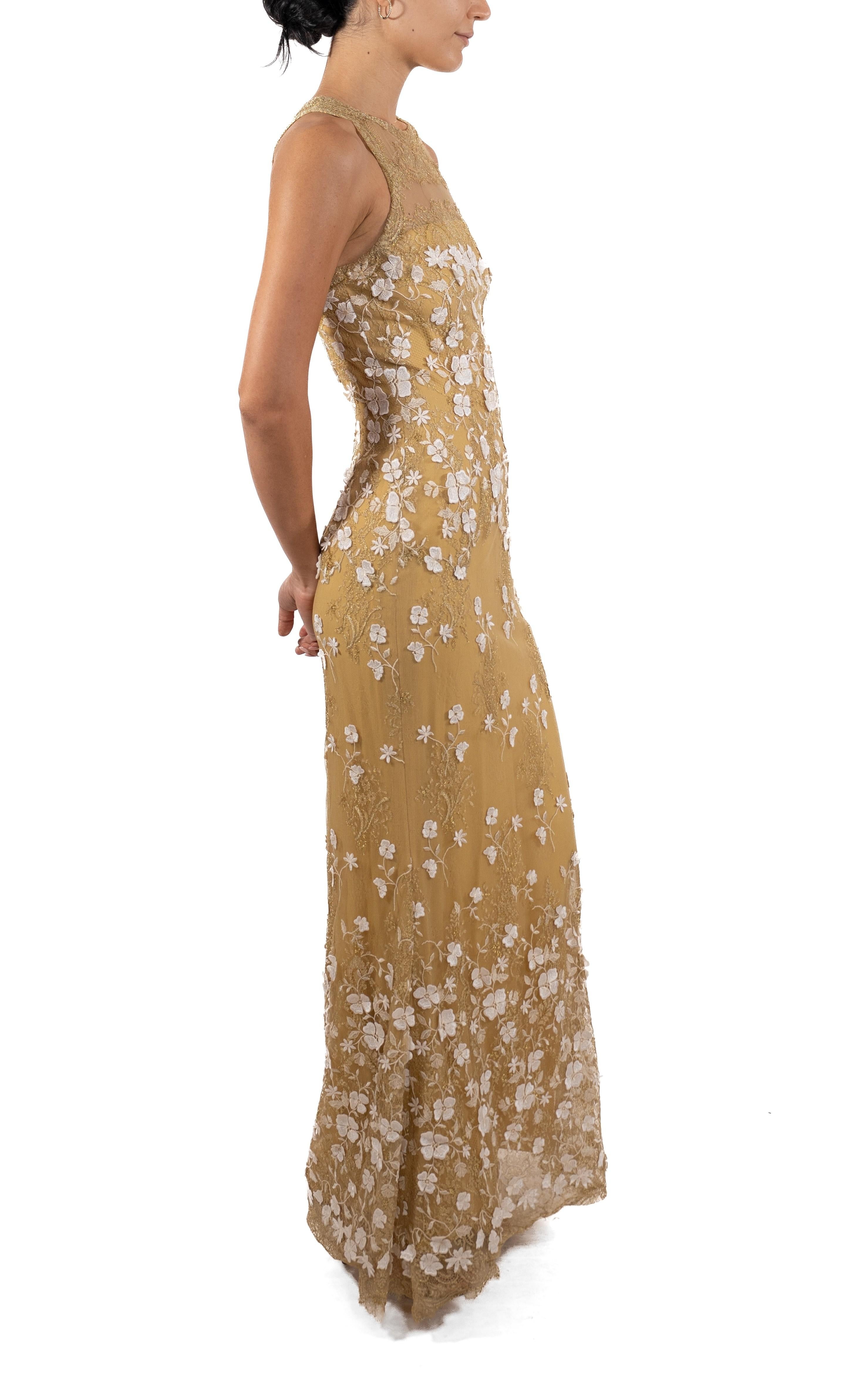1990S Metallic White & Gold Silk Blend Lace Gown With Appliqué Flowers For Sale 1
